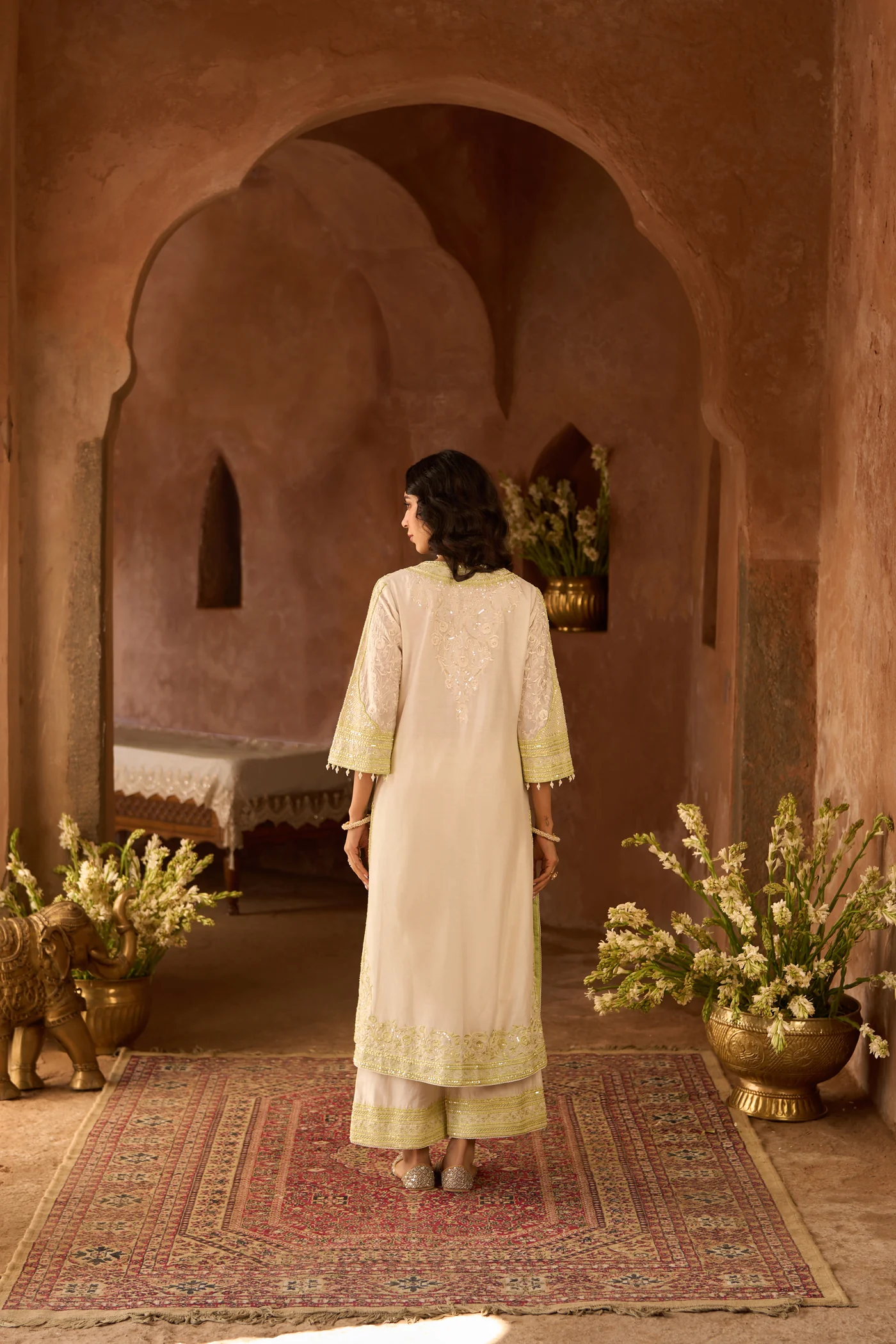 NURVI - DAISY IVORY WITH MINT GREEN LONG A-LINE KURTA WITH PALAZZO AND DUPATTA (LXRTS) - Image 5