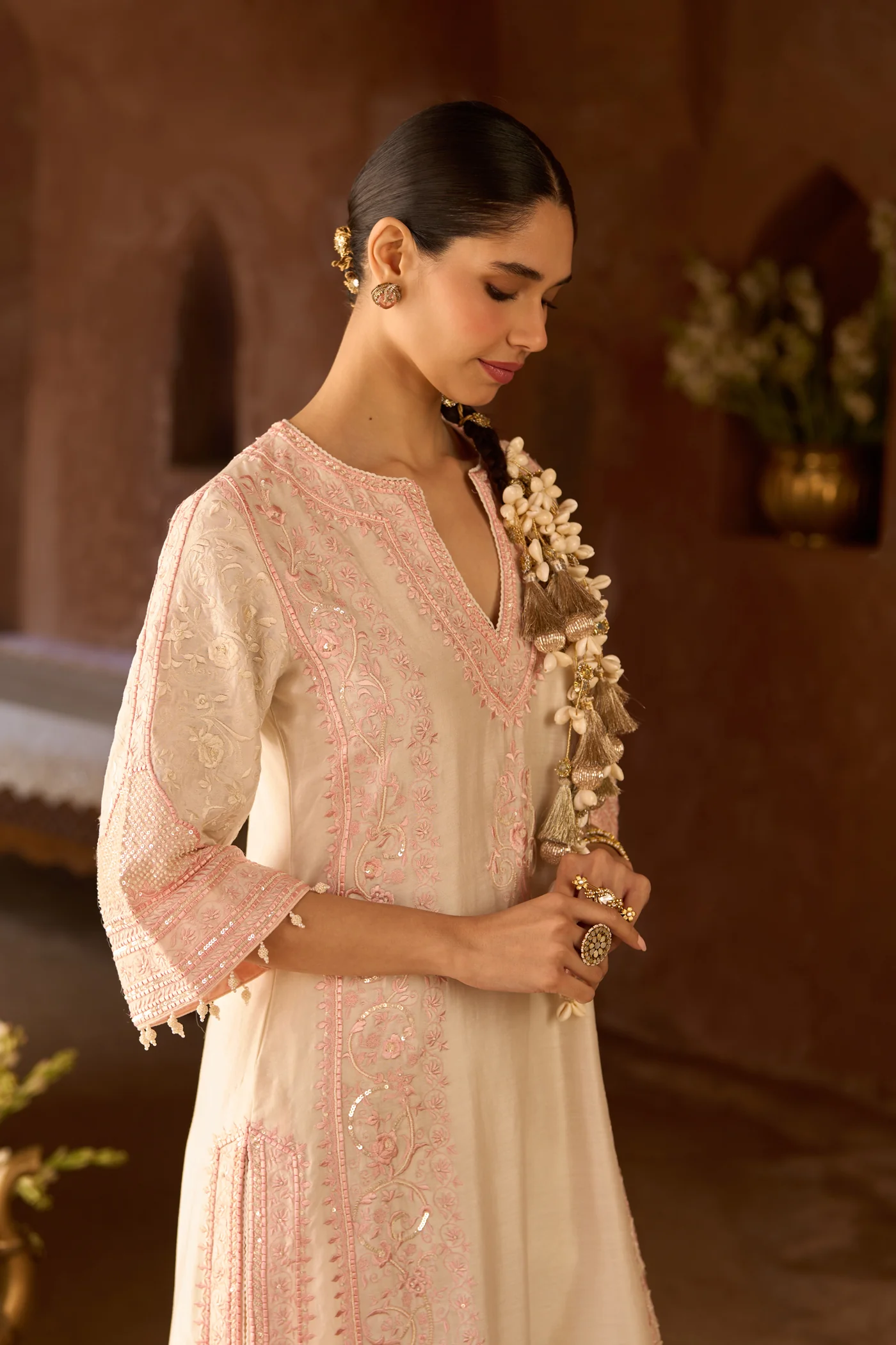 NURVI - DAISY IVORY WITH PINK LONG A-LINE KURTA WITH PALAZZO AND DUPATTA - Image 2