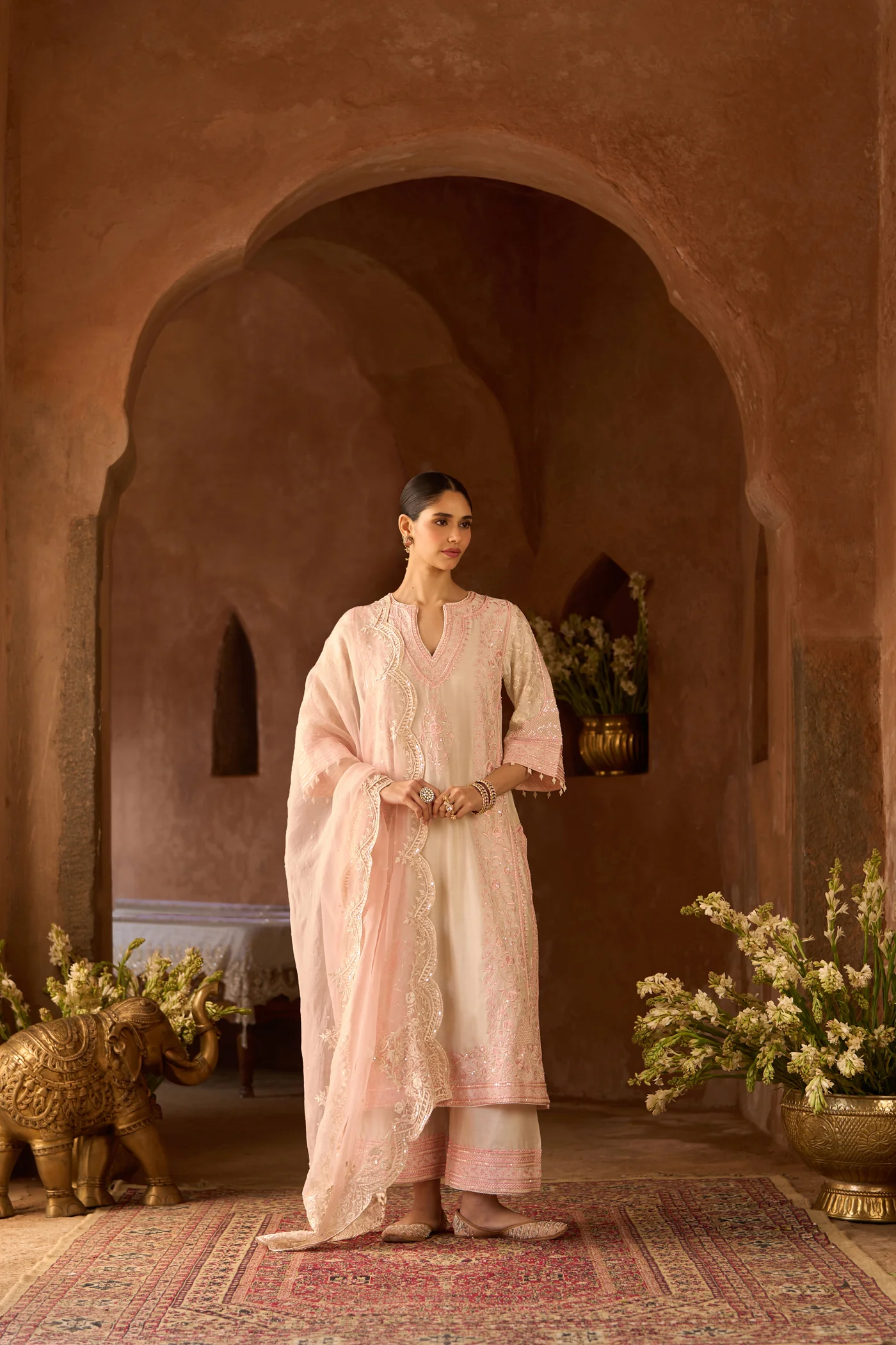 NURVI - DAISY IVORY WITH PINK LONG A-LINE KURTA WITH PALAZZO AND DUPATTA - Image 3
