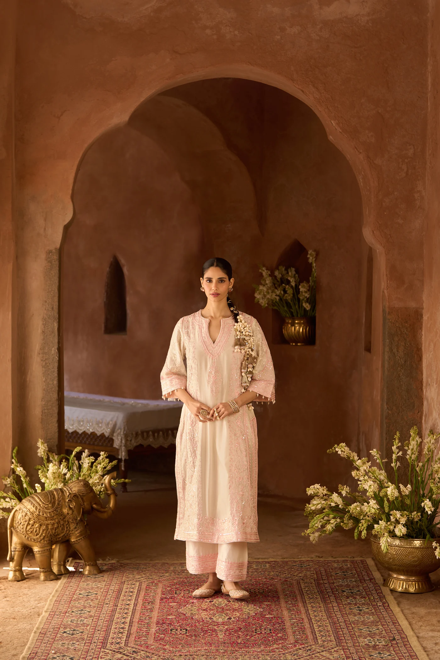 NURVI - DAISY IVORY WITH PINK LONG A-LINE KURTA WITH PALAZZO AND DUPATTA - Image 4