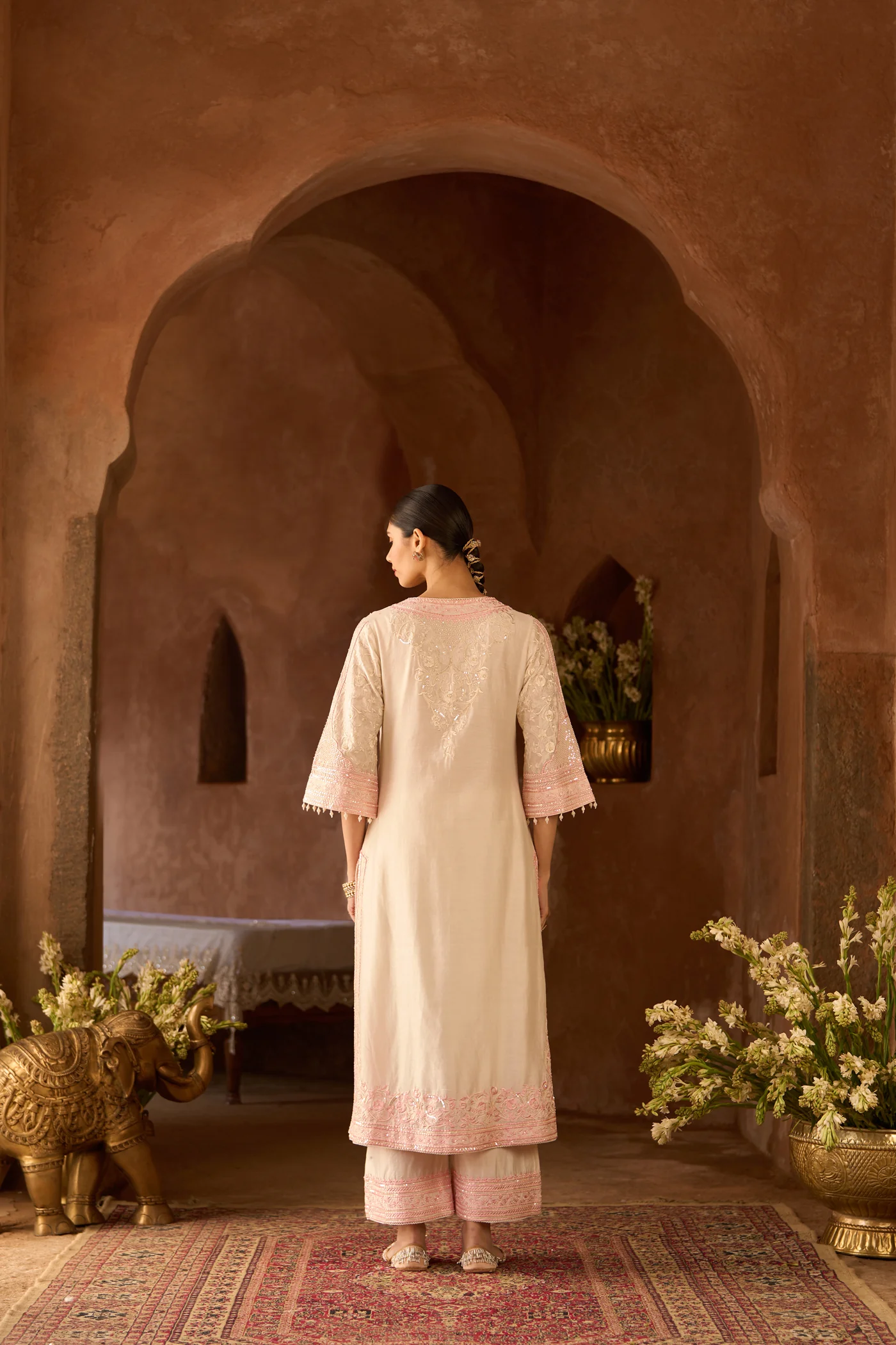 NURVI - DAISY IVORY WITH PINK LONG A-LINE KURTA WITH PALAZZO AND DUPATTA - Image 5
