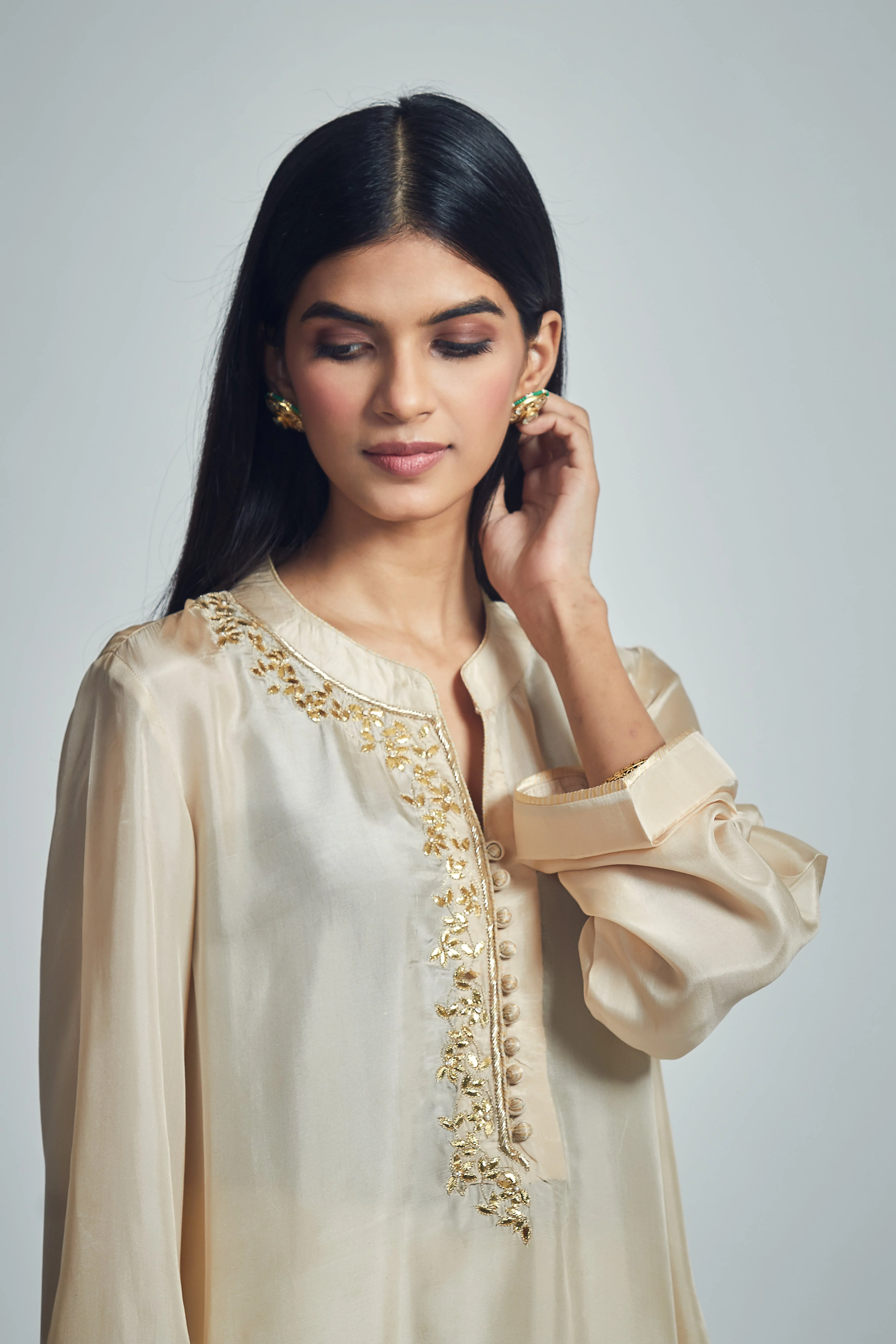 Nyasia- Soft beige Habutai silk Gota patti embroidered choga (Lxrts) - Image 2