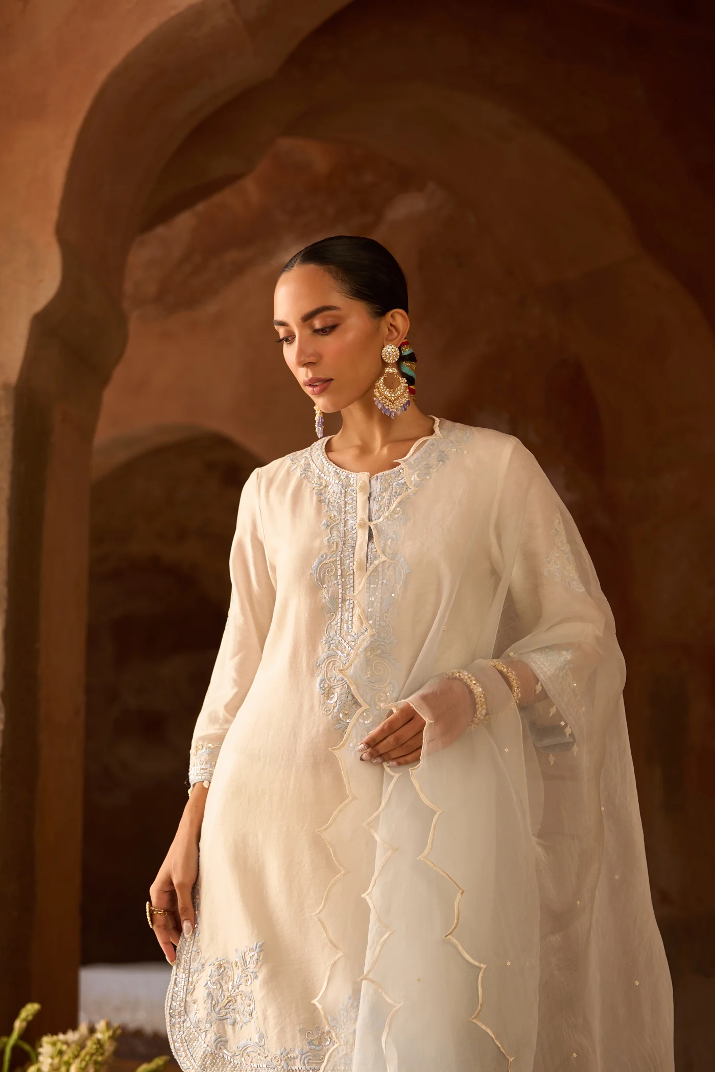 NYRA - DAISY IVORY WITH BLUE SHORT KURTA AND DHOTI - Image 4