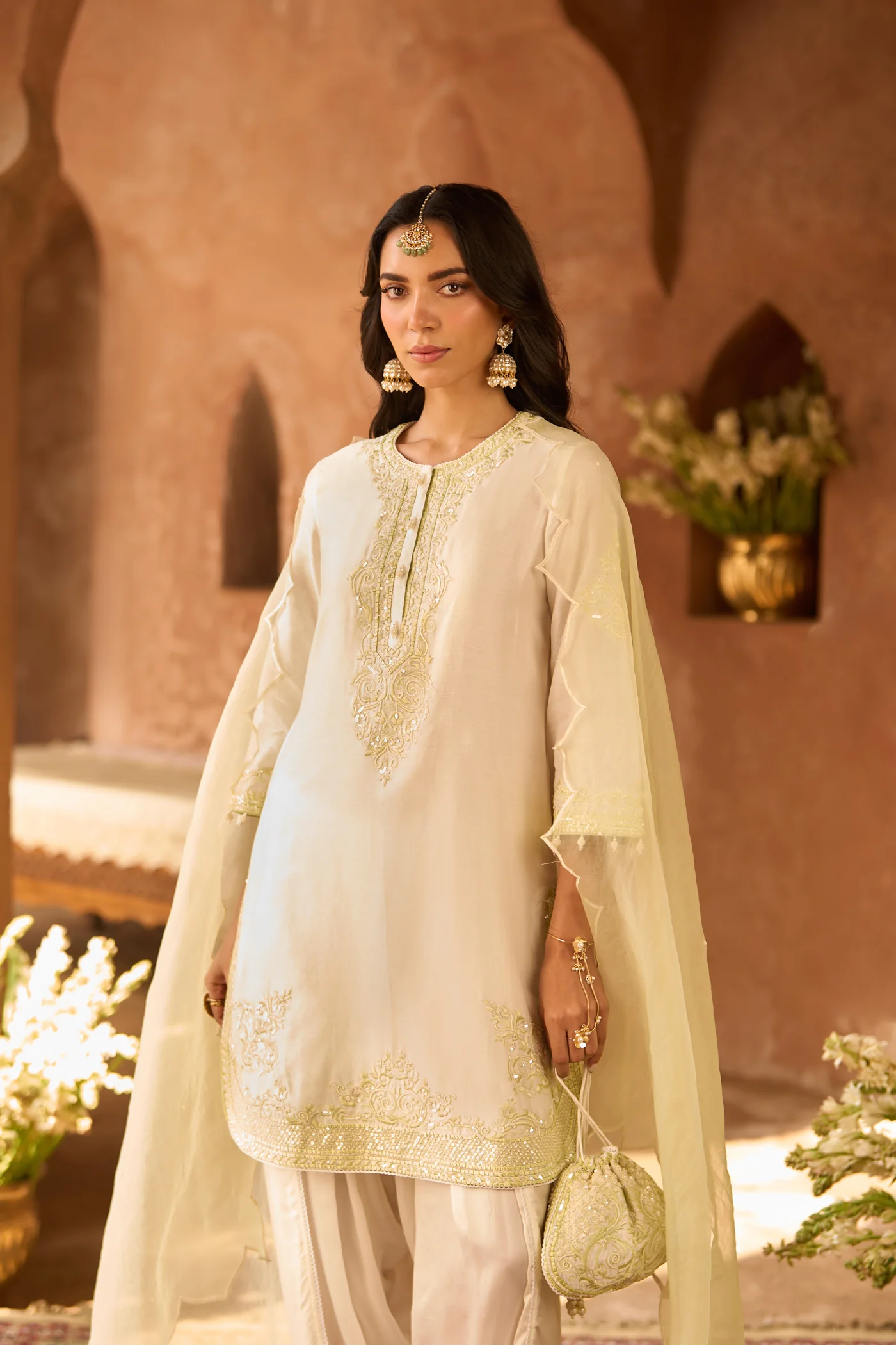 NYRA - DAISY IVORY WITH MINT GREEN SHORT KURTA AND DHOTI - Image 2