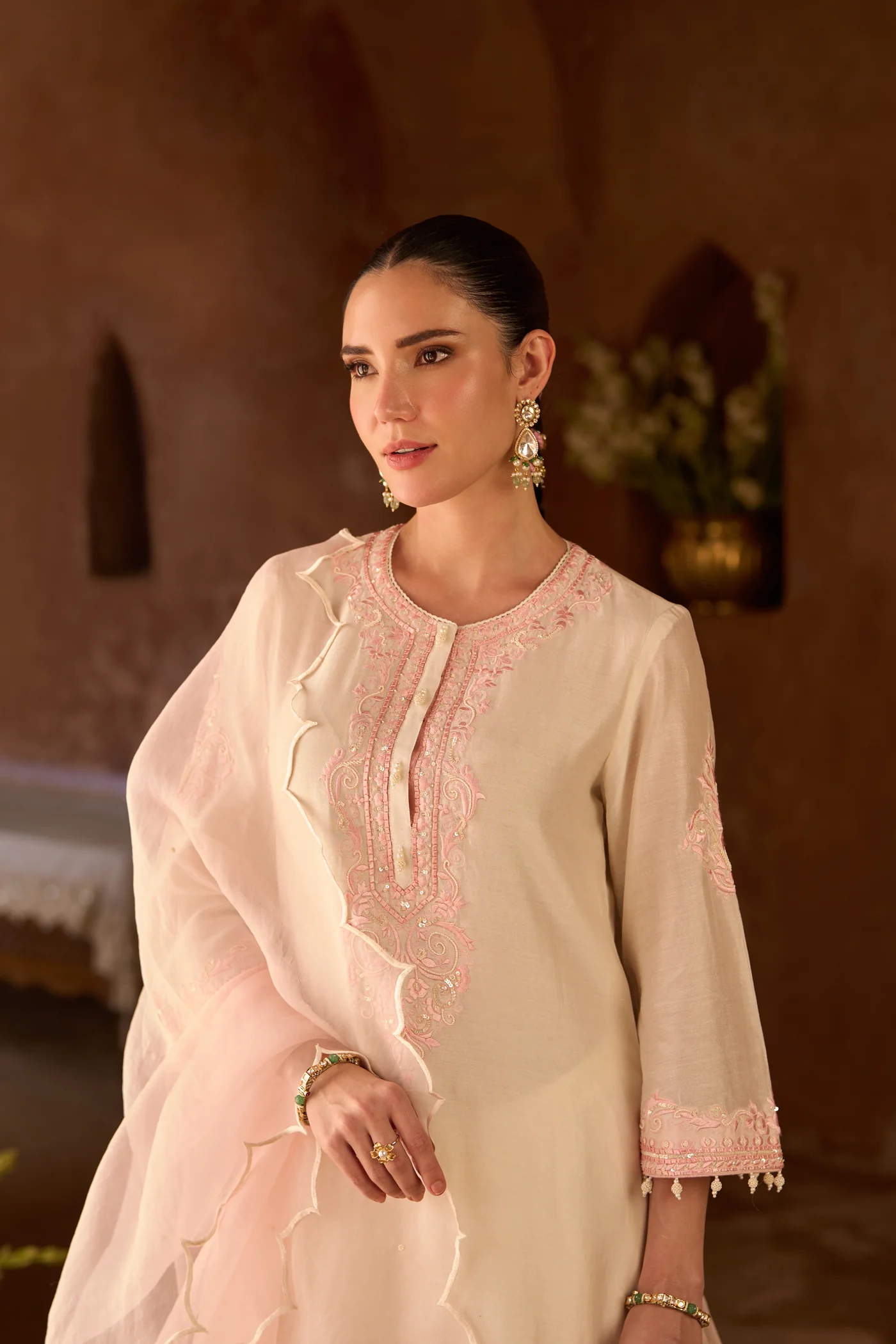 NYRA - DAISY IVORY WITH PINK SHORT KURTA AND DHOTI (LXRTS) - Image 2