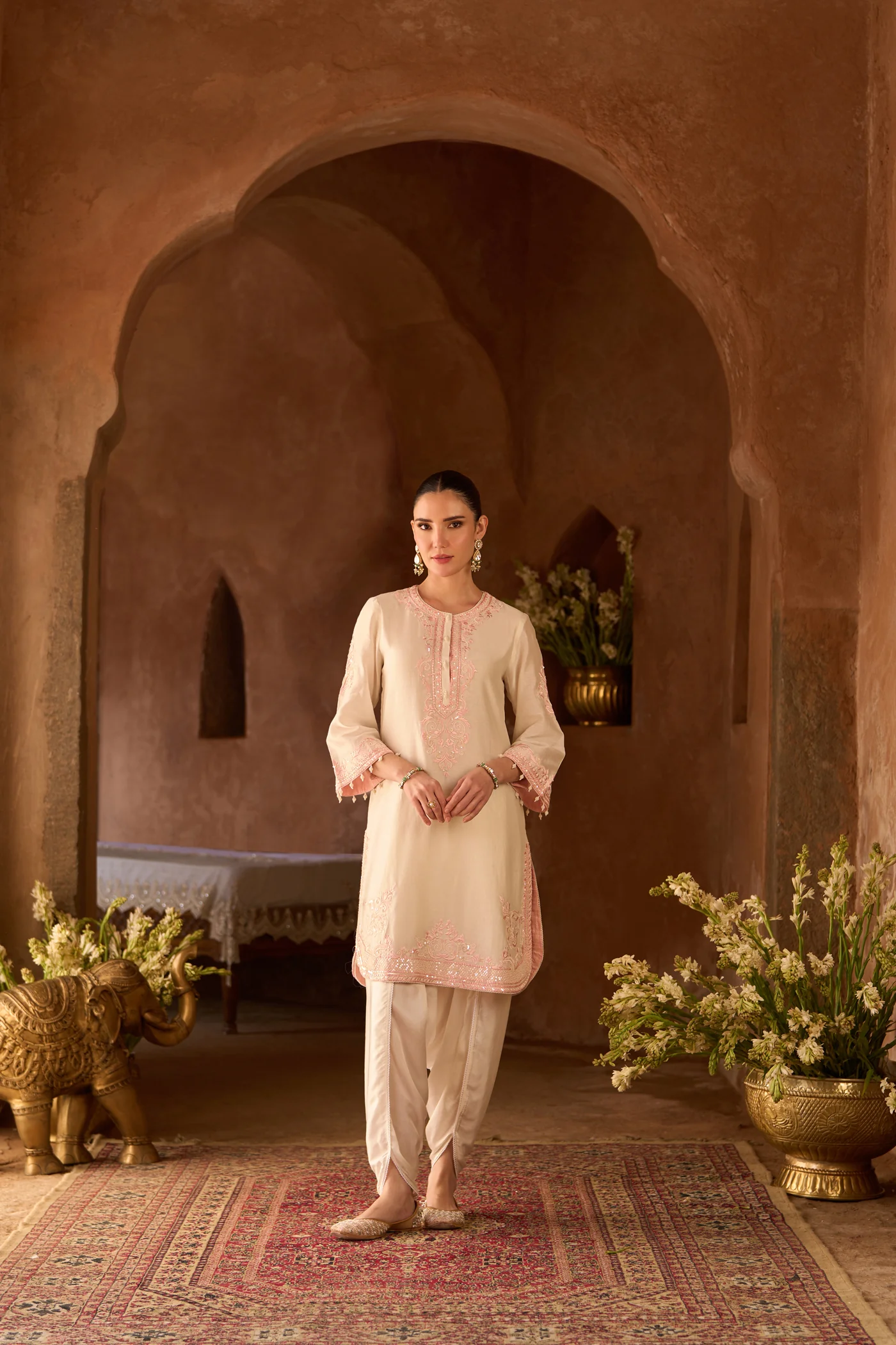 NYRA - DAISY IVORY WITH PINK SHORT KURTA AND DHOTI (LXRTS) - Image 3