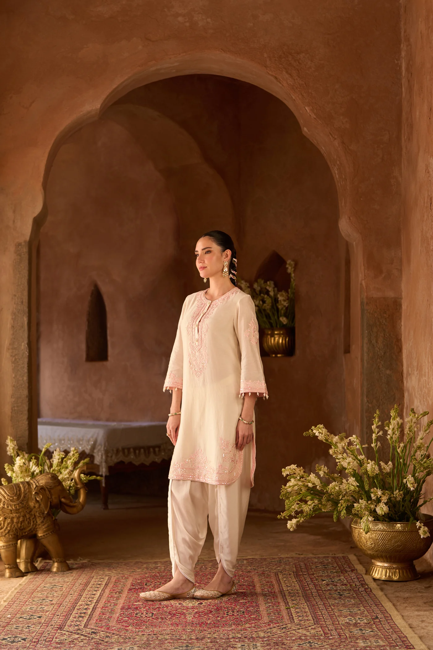 NYRA - DAISY IVORY WITH PINK SHORT KURTA AND DHOTI (LXRTS) - Image 4