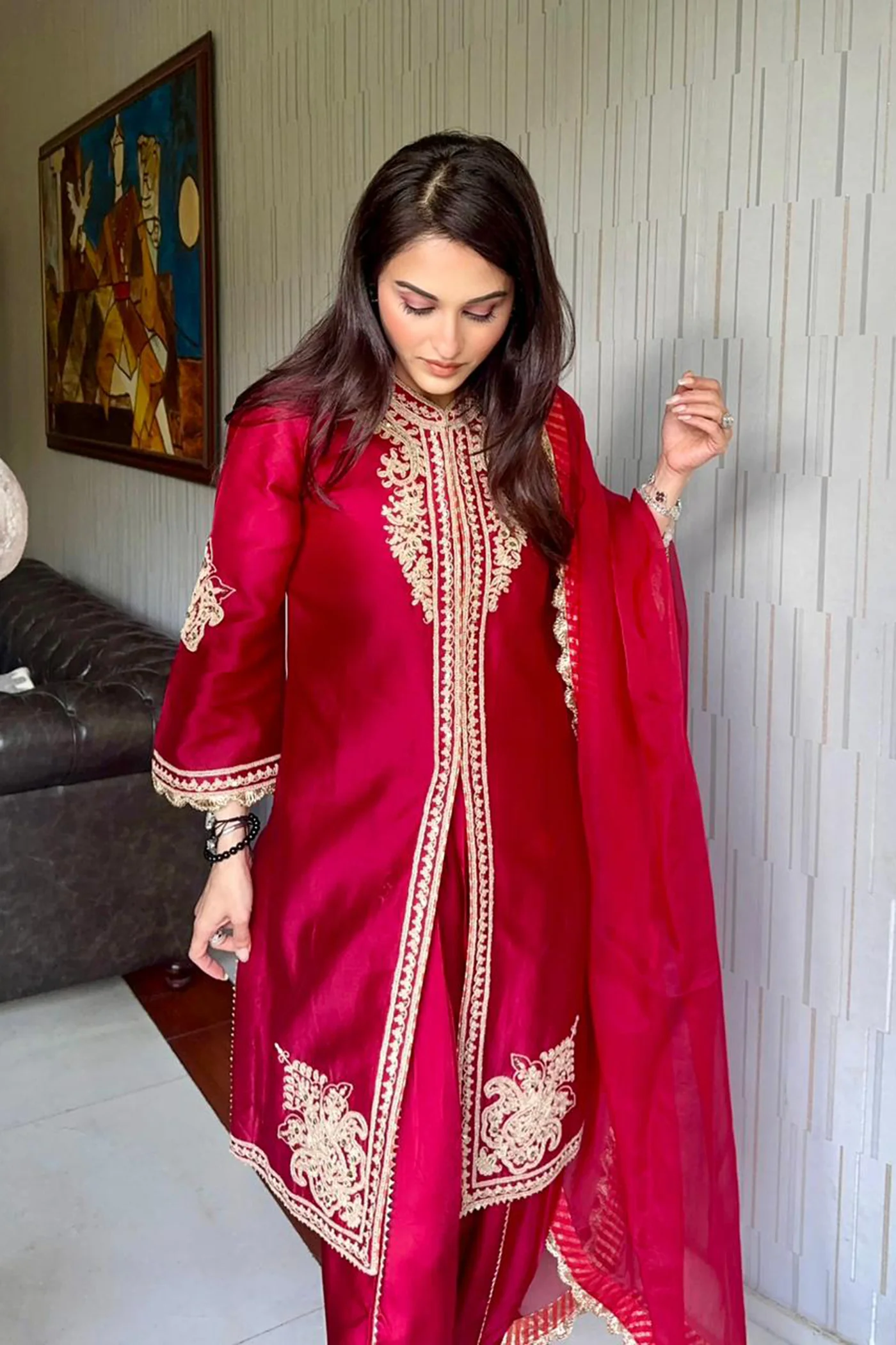 Payal Sen In Gulbano - Deep Red Short Kurta with Dhoti - Image 3