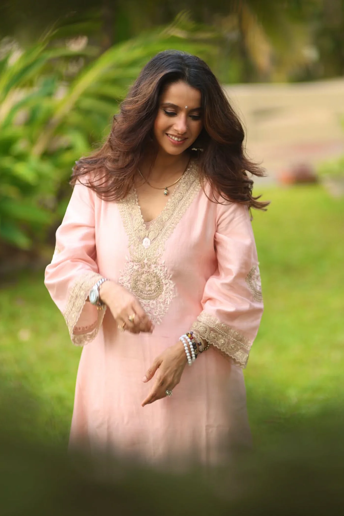 Pranitaa In Sanvi - Blush Pink Long Choga with Salwar - Image 3