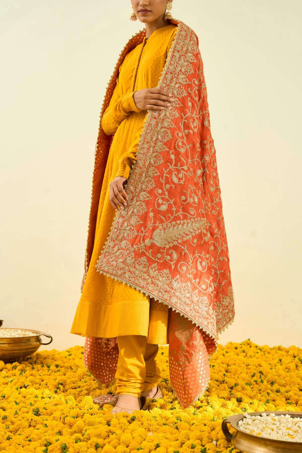 Pumpkin Orange Paisley Tilla Embroidery Odhni - Image 3
