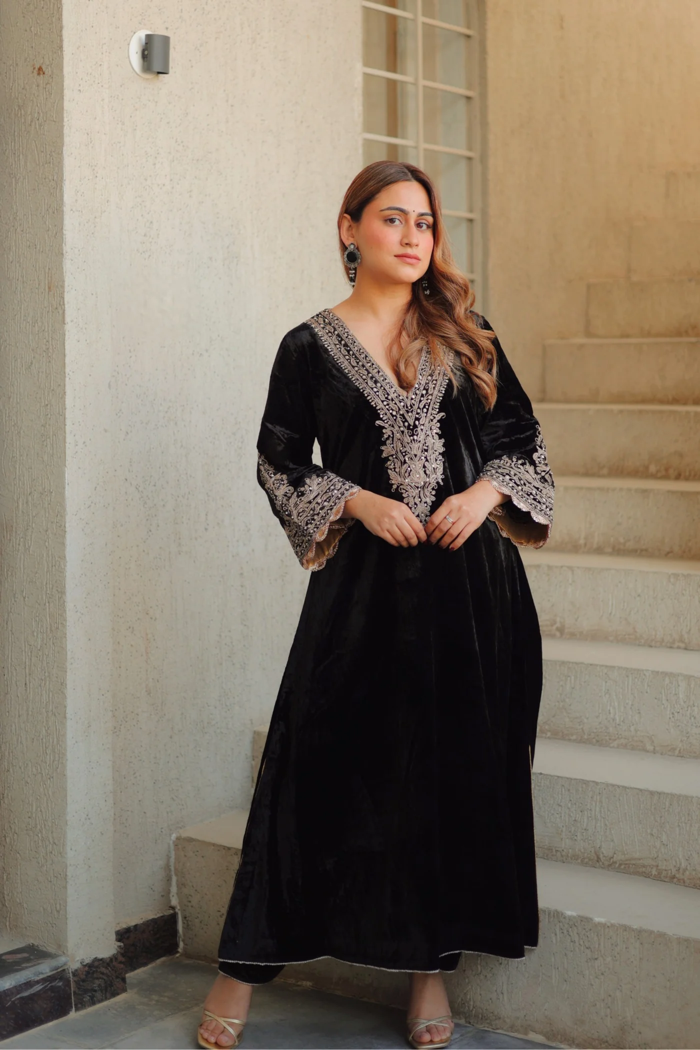 Rasha - Black Silk Velvet Long A-line Chauga with Salwar - Image 3