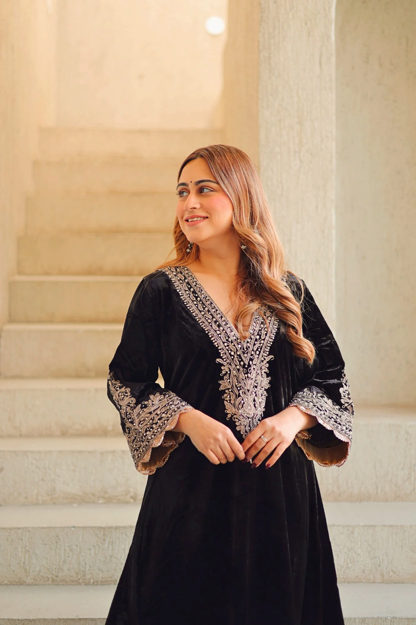 Rasha - Black Silk Velvet Long A-line Chauga with Salwar - Image 4