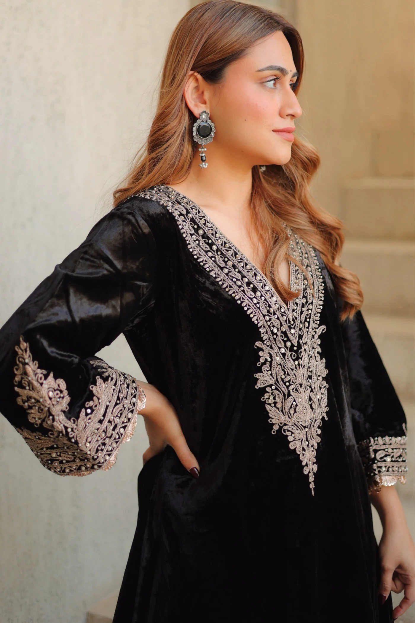 Rasha - Black Silk Velvet Long A-line Chauga with Salwar - Image 5