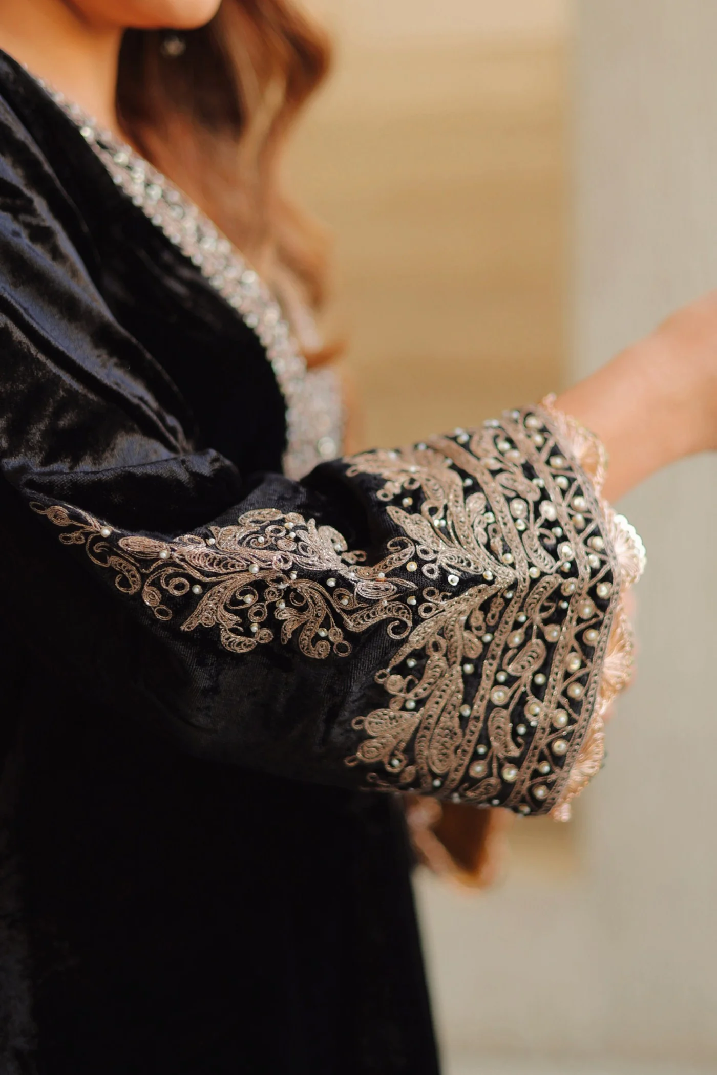 Rasha - Black Silk Velvet Long A-line Chauga with Salwar - Image 6
