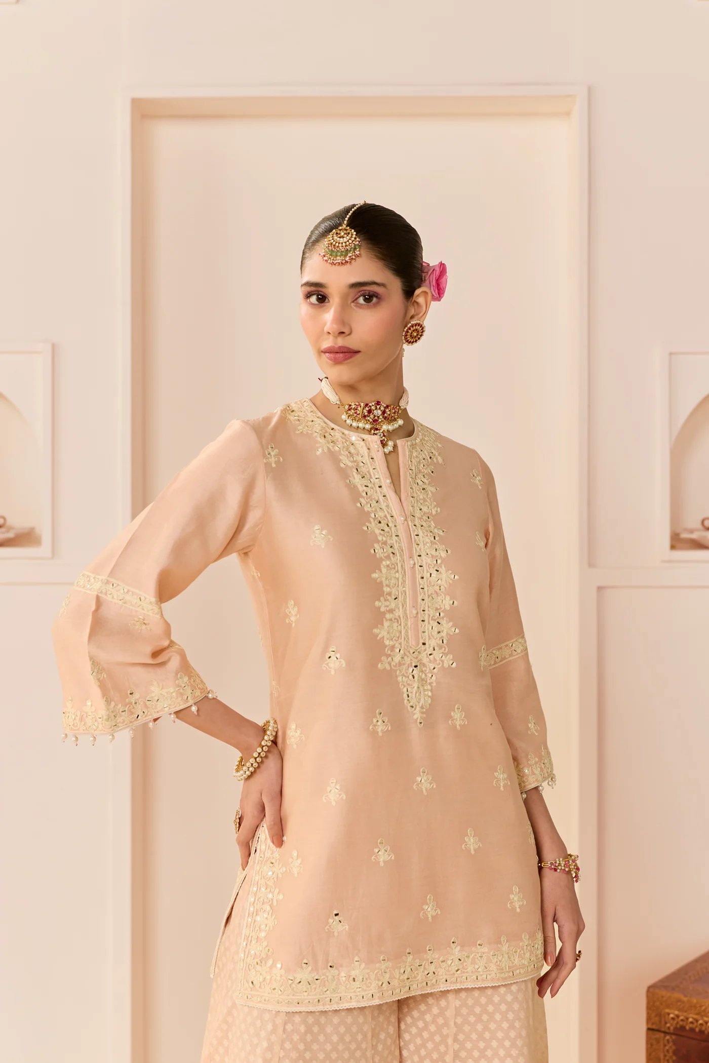 Rehma - Carnation Pink Short Kurta With Sharara And Dupatta - Image 4