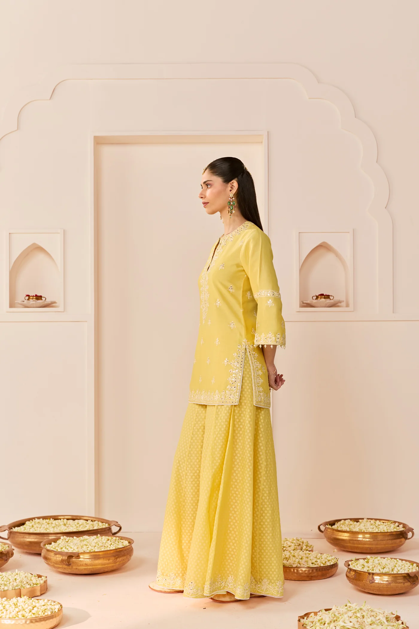 Rehma - Lemon Yellow Short Kurta With Sharara And Dupatta - Image 4