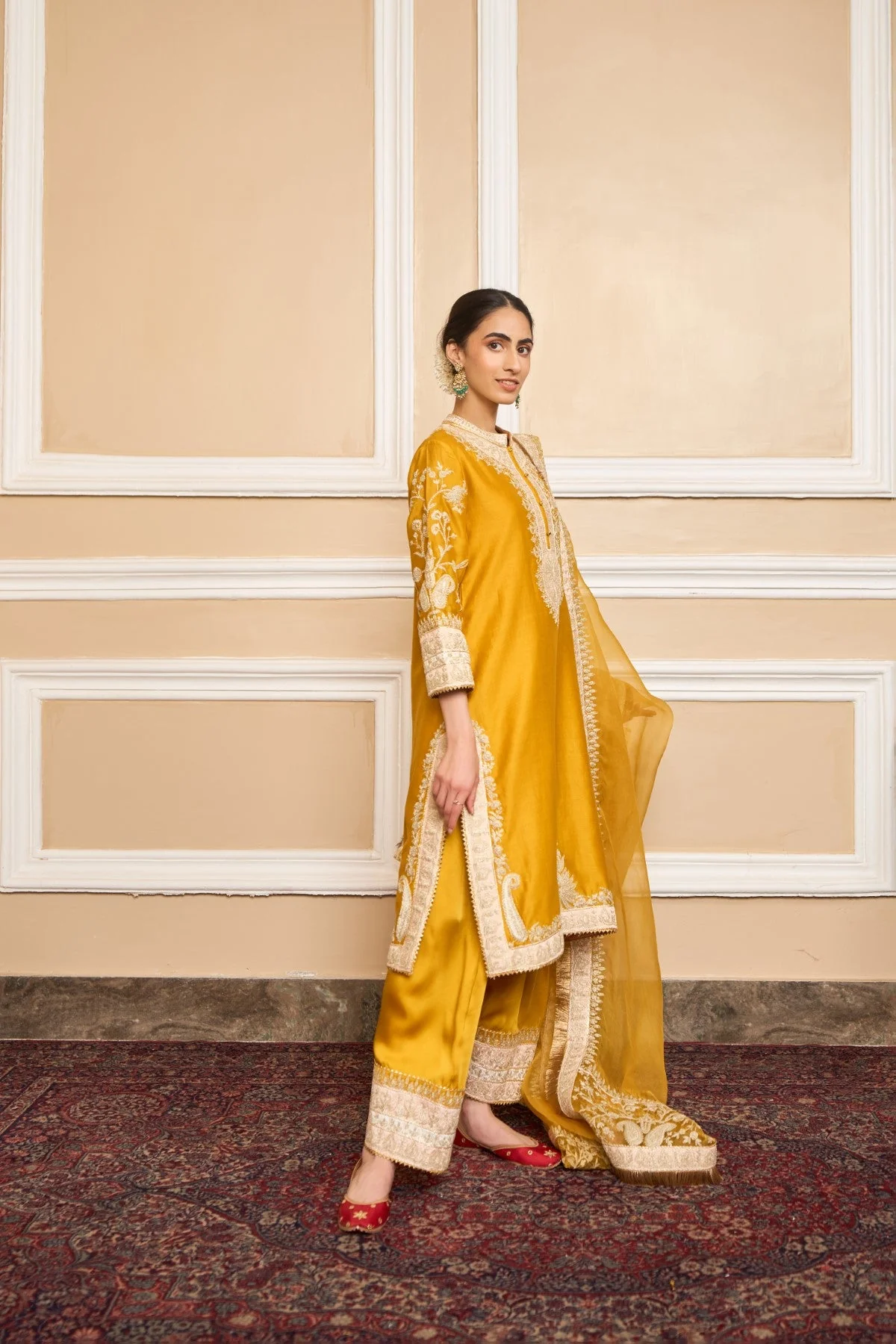 RESHAM - GLAZE MUSTARD SHORT KURTA WITH SALWAR AND DUPATTA (LXRTS) - Image 7
