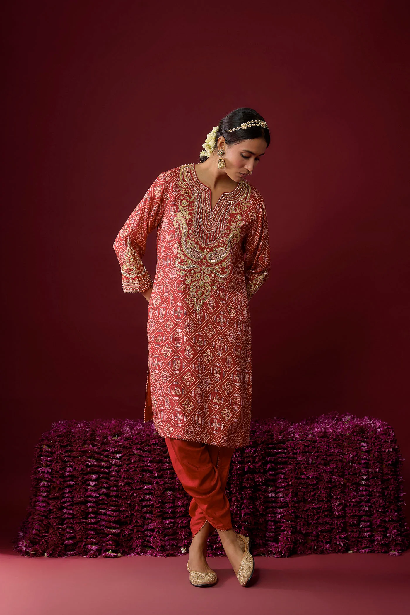 Rihana - Deep Red Short Kurta With Dhoti - Image 3