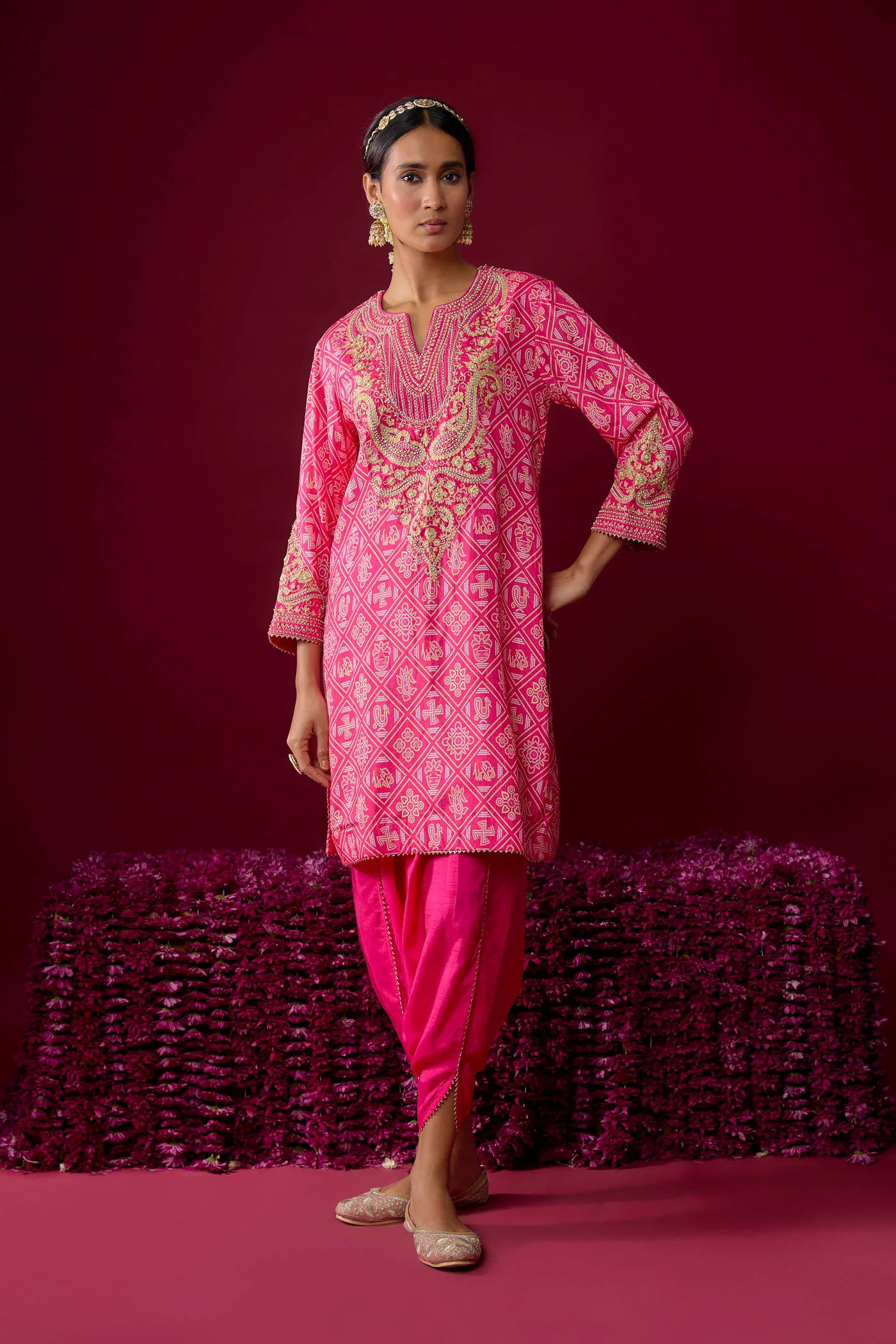 Rihana - Hotpink Short Kurta With Dhoti - Image 3