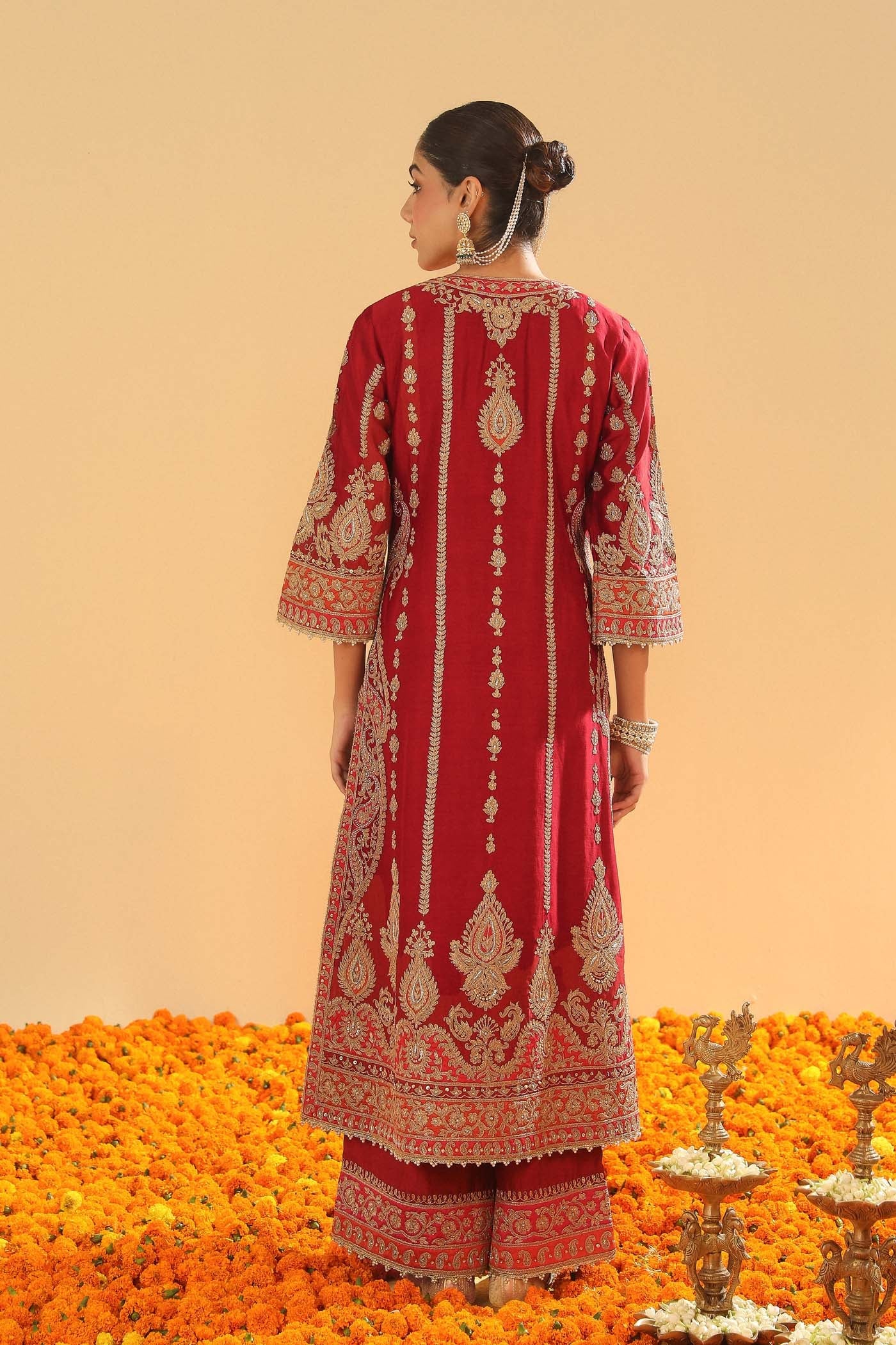 Rua - Deep Red Long A-line Kurta with Palazzo (Lxrts) - Image 4
