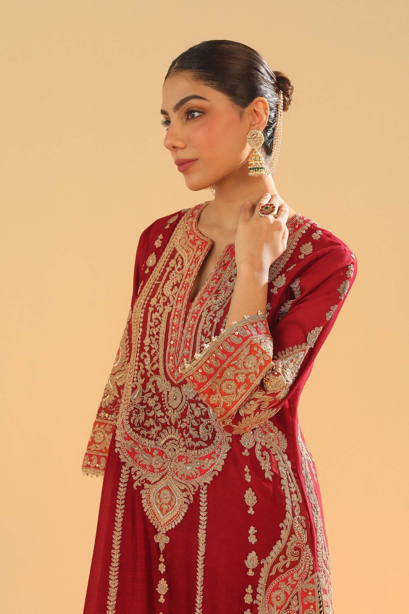 Rua - Deep Red Long A-line Kurta with Palazzo (Lxrts) - Image 6