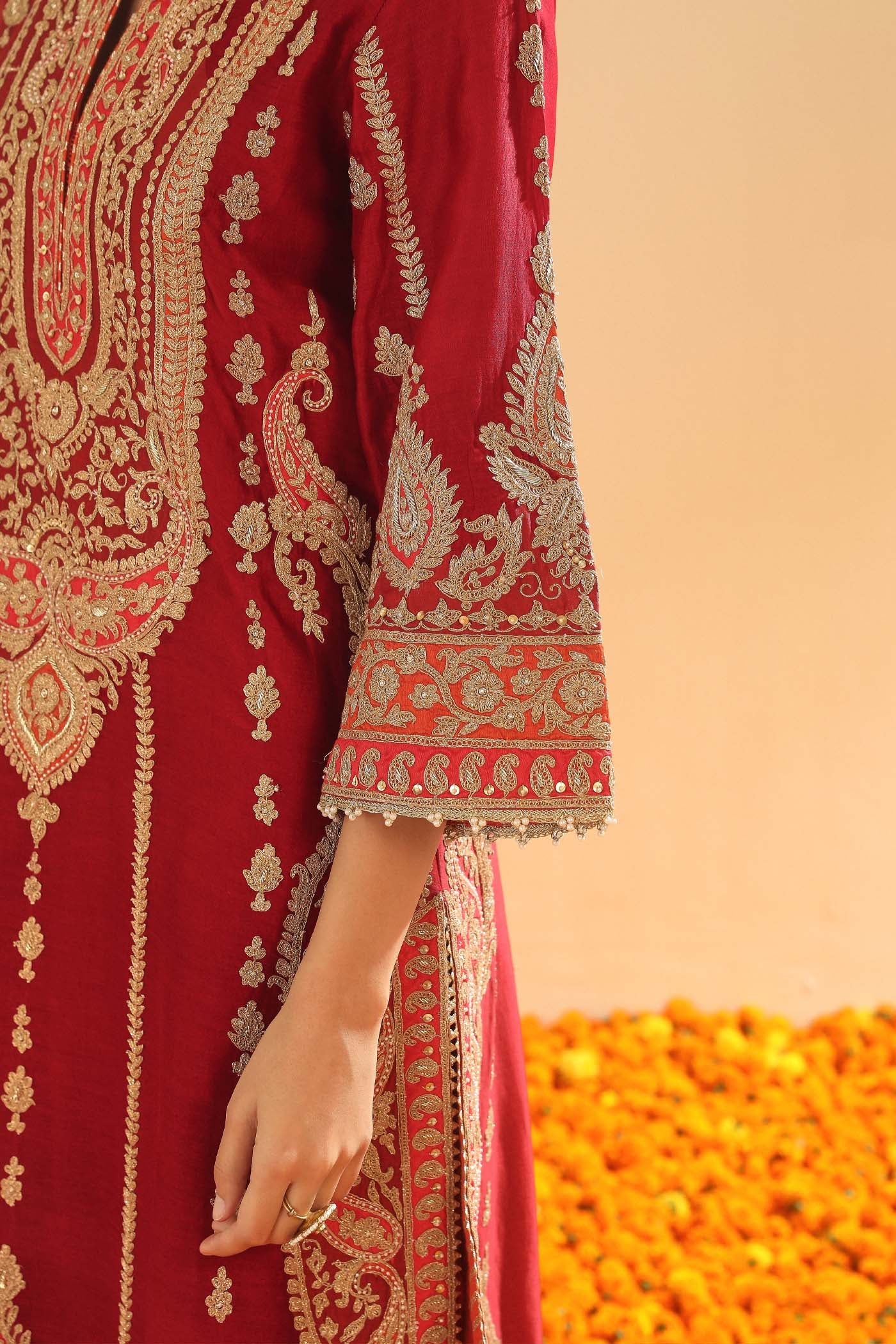 Rua - Deep Red Long A-line Kurta with Palazzo (Lxrts) - Image 7