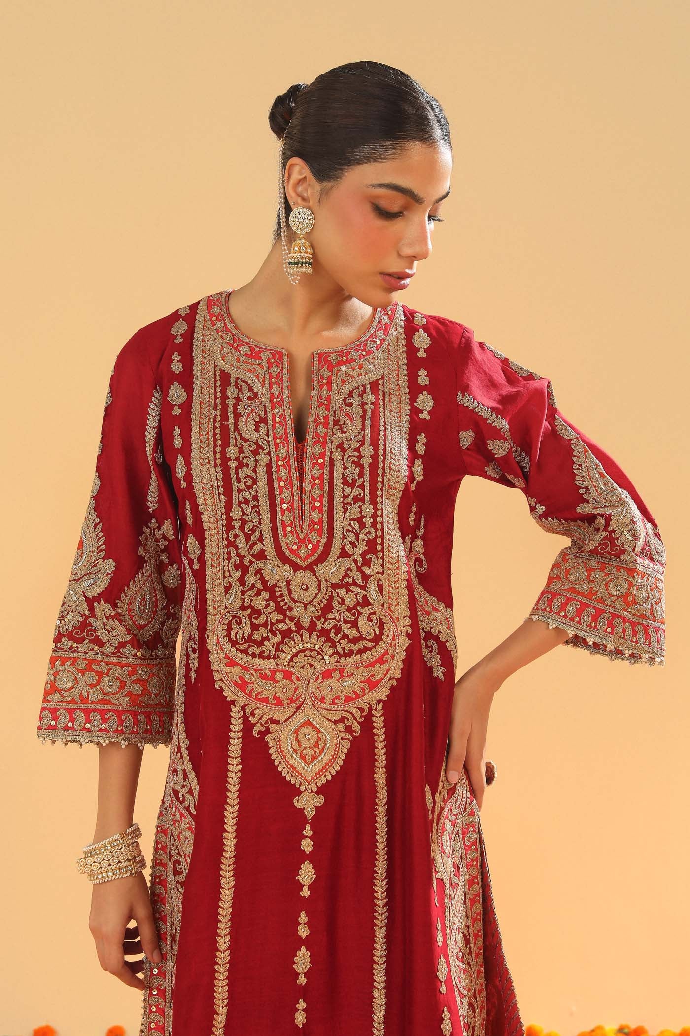 Rua - Deep Red Long A-line Kurta with Palazzo - Image 5