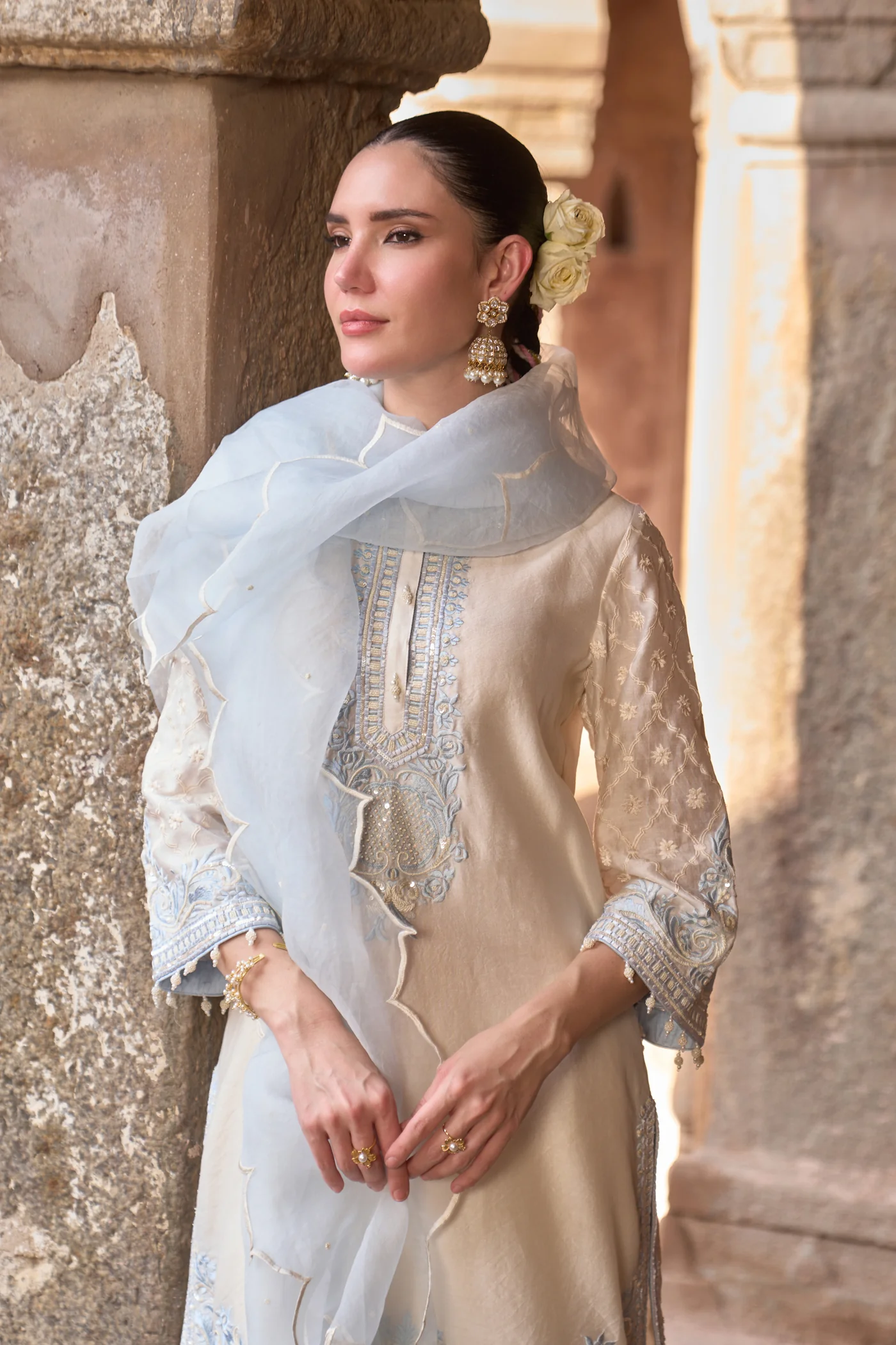 RUHI - DAISY IVORY WITH BLUE SHORT KURTA AND DHOTI (LXRTS) - Image 2