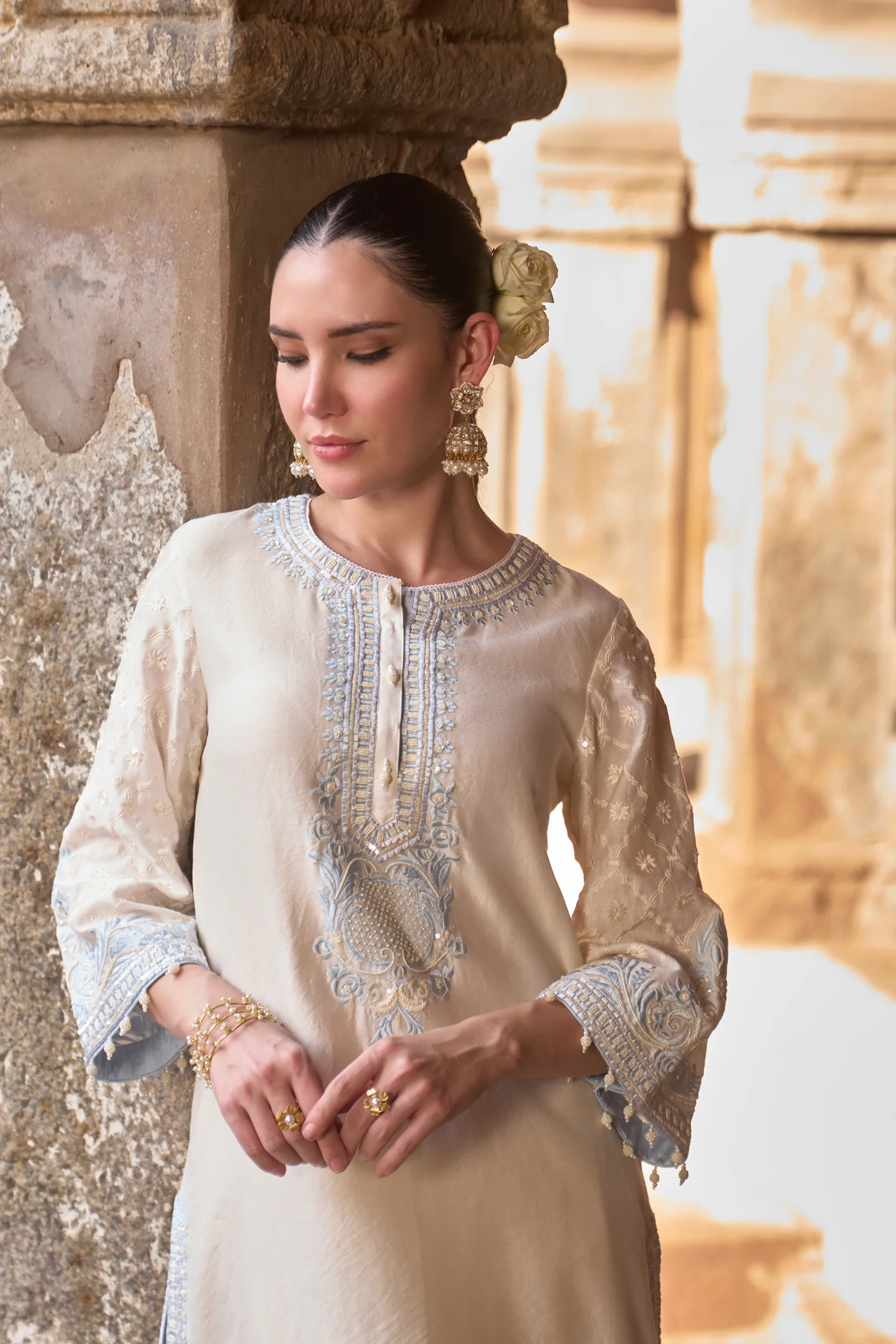 RUHI - DAISY IVORY WITH BLUE SHORT KURTA AND DHOTI (LXRTS) - Image 5