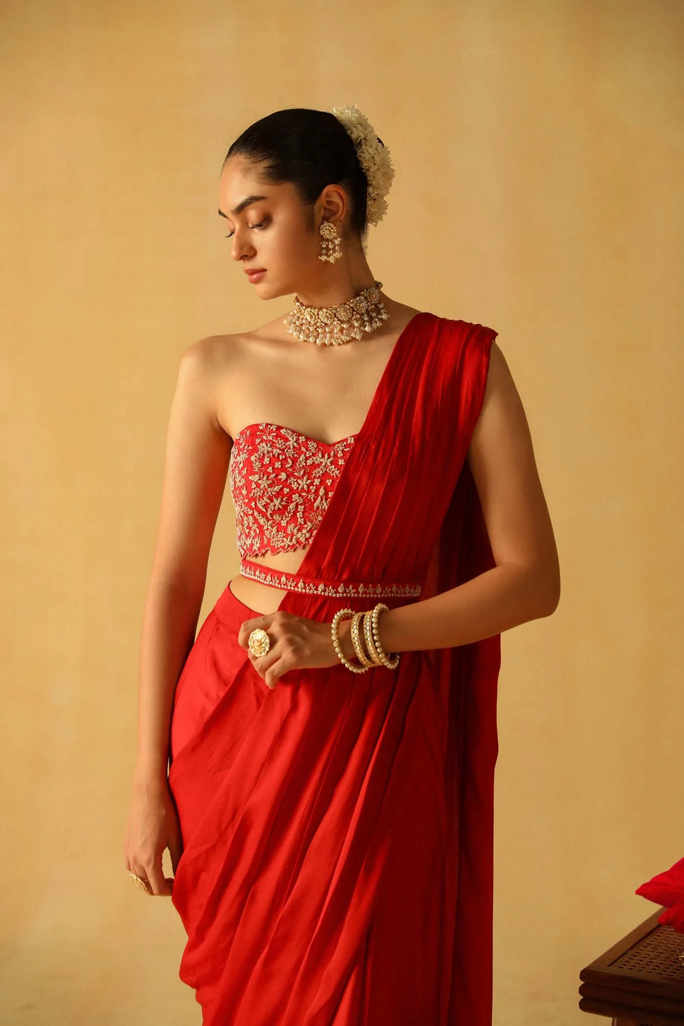 Rumaan - Deep Red Drape Saree Set - Image 3