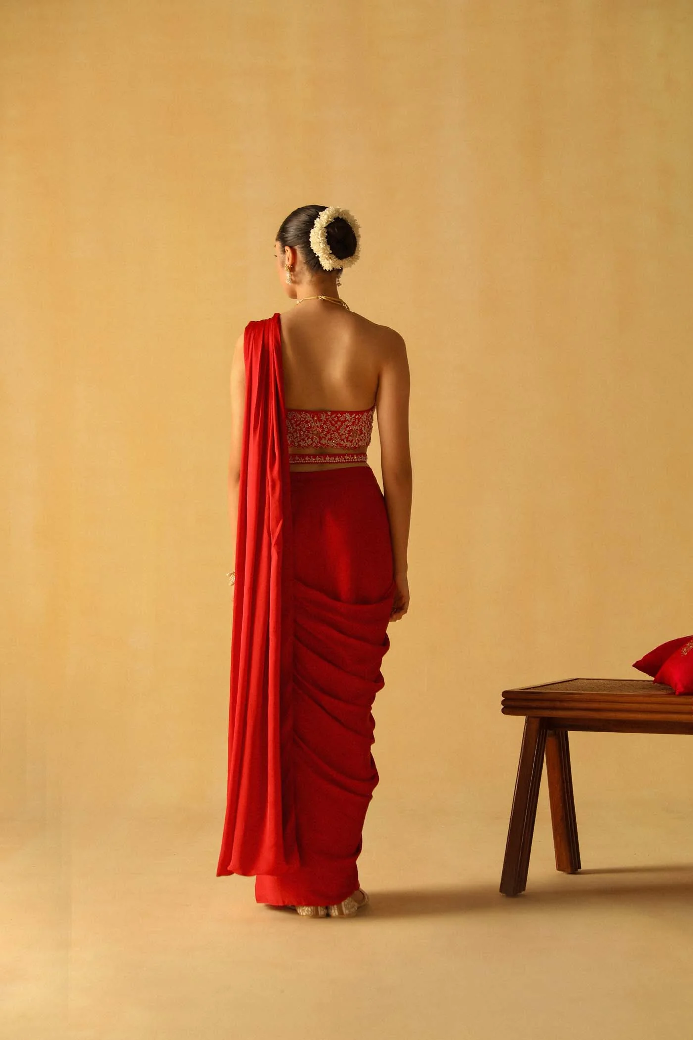 Rumaan - Deep Red Drape Saree Set - Image 4