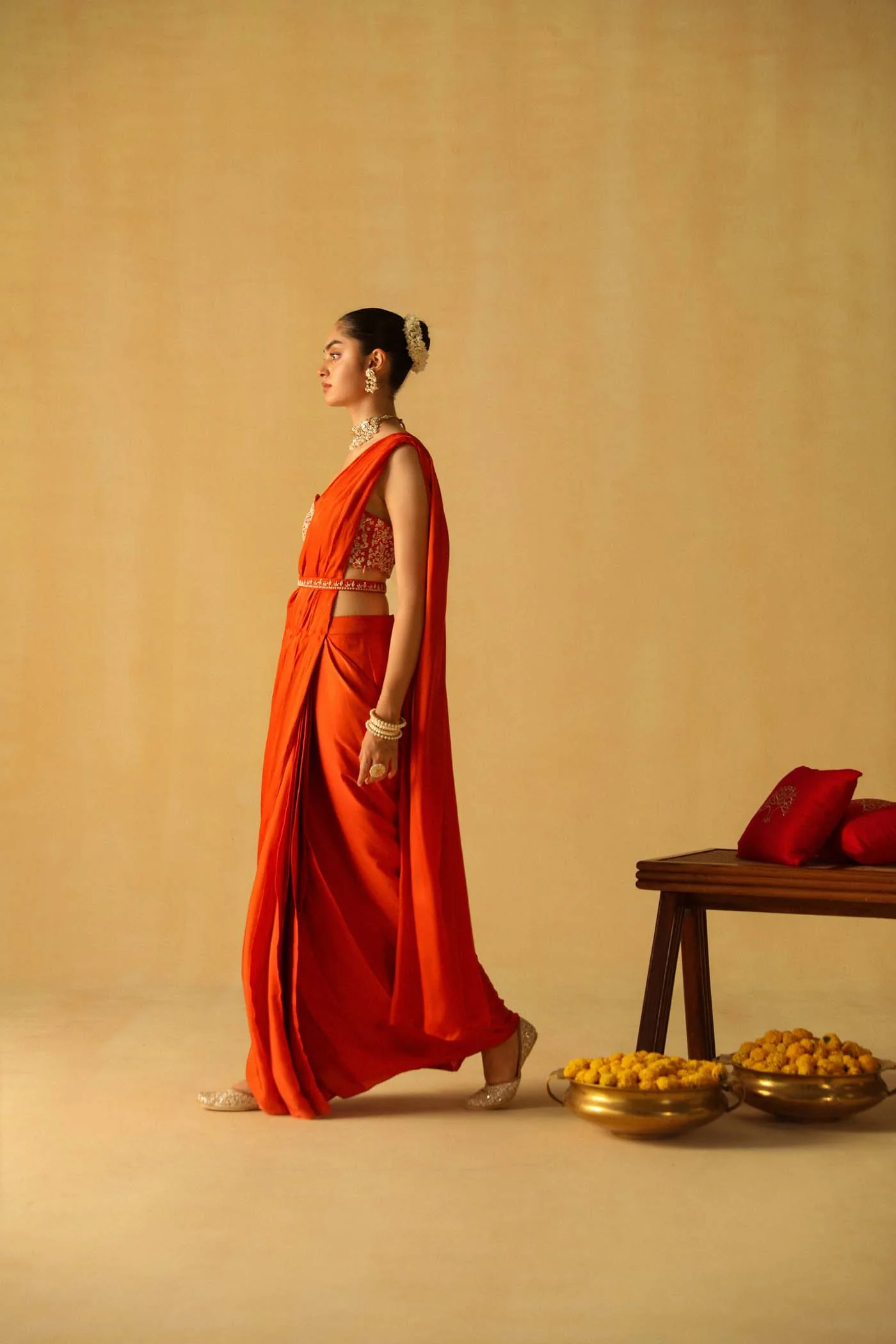 Vedika Mehta In Rumaan - Burnt Orange Drape Saree Set - Image 3