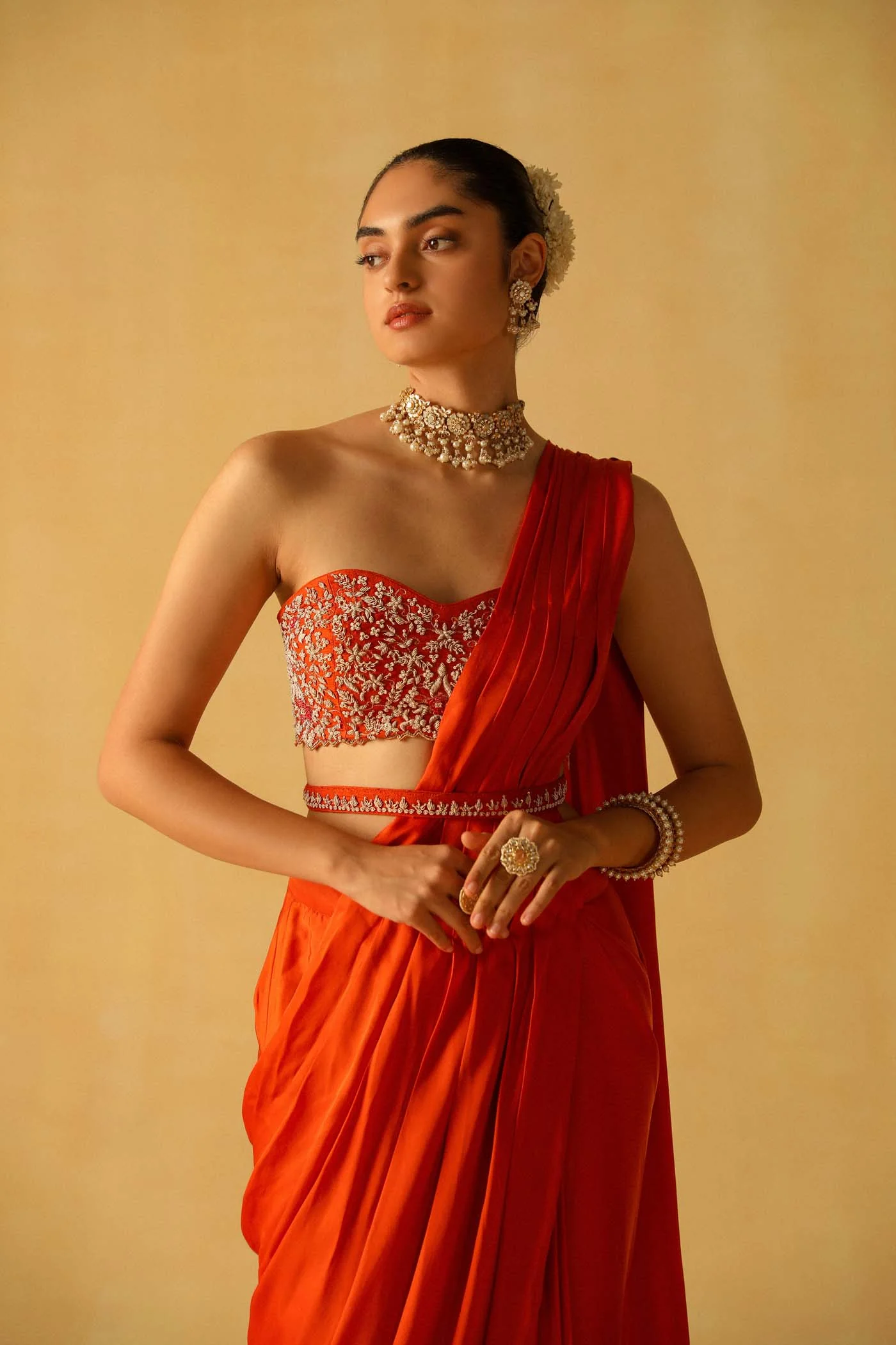 Vedika Mehta In Rumaan - Burnt Orange Drape Saree Set - Image 4