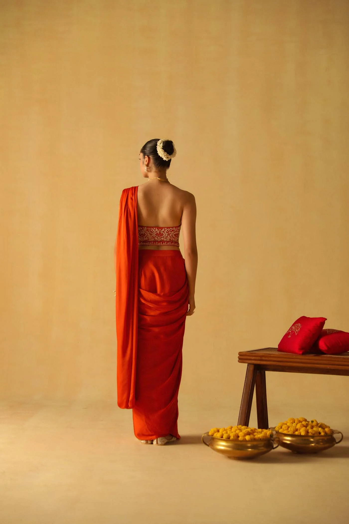 Vedika Mehta In Rumaan - Burnt Orange Drape Saree Set - Image 6