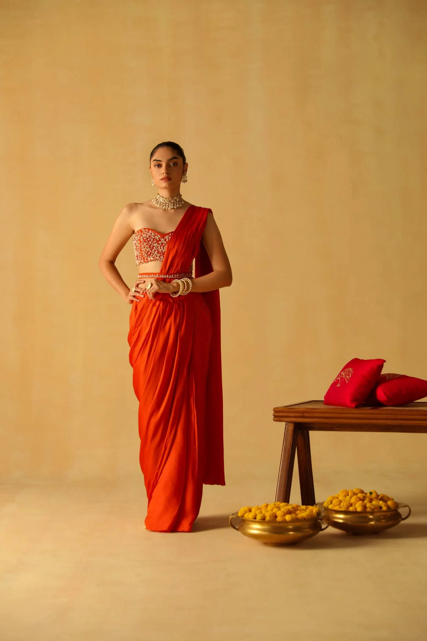 Vedika Mehta In Rumaan - Burnt Orange Drape Saree Set - Image 7