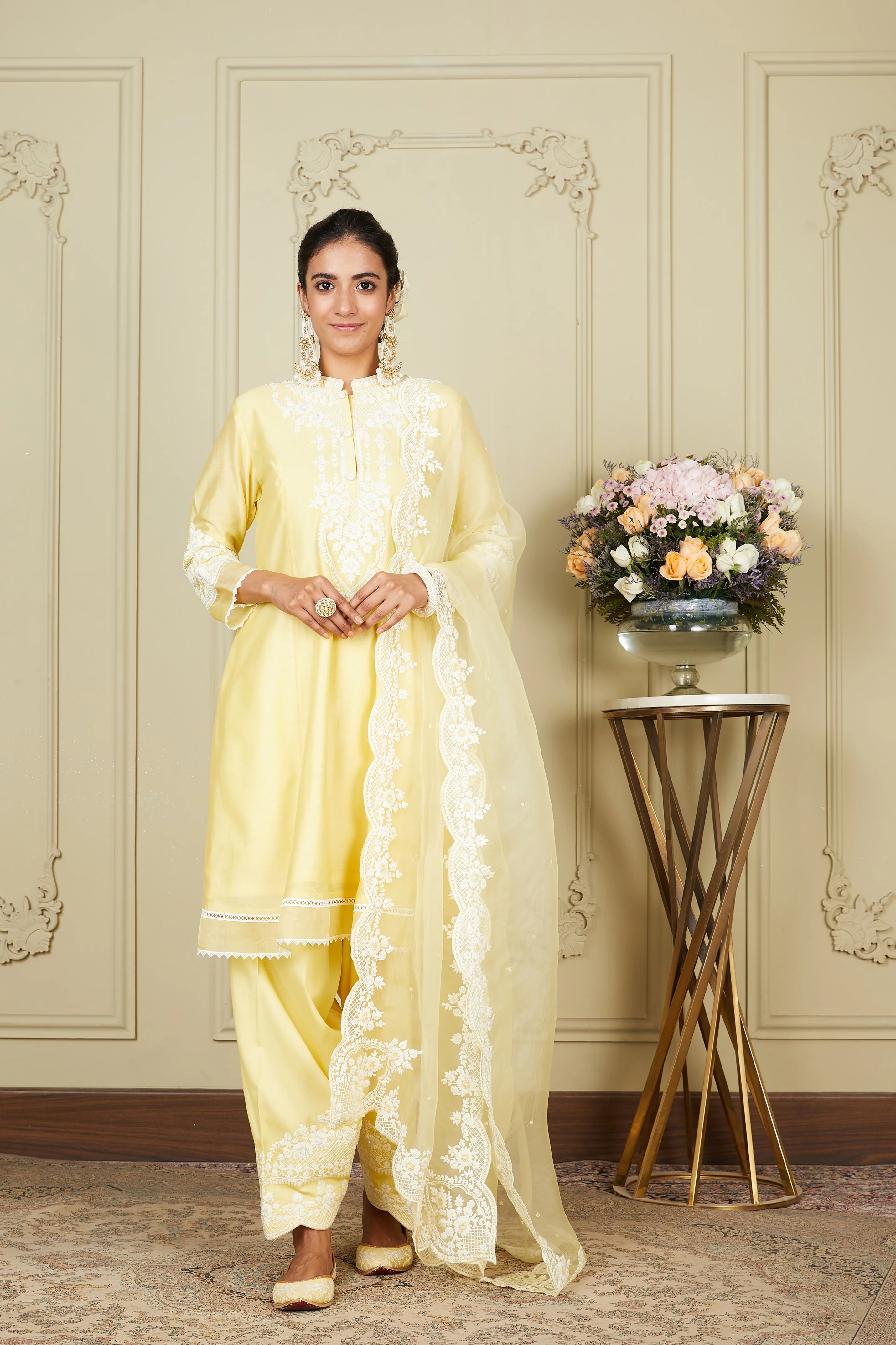 Ruzena - Lemon Yellow Princess-cut short kurta with salwar and dupatta - Image 3