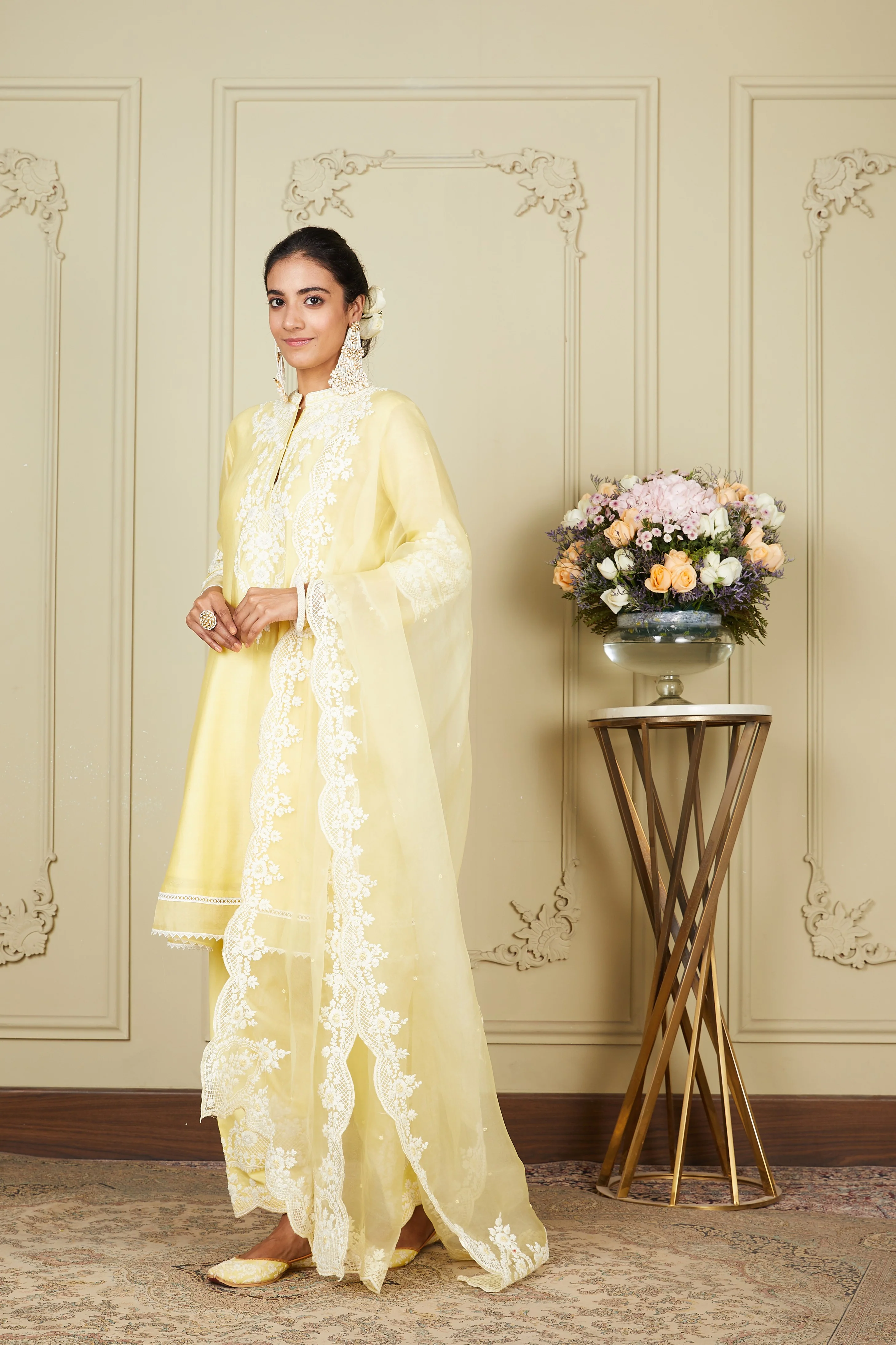 Ruzena - Lemon Yellow Princess-cut short kurta with salwar and dupatta - Image 4