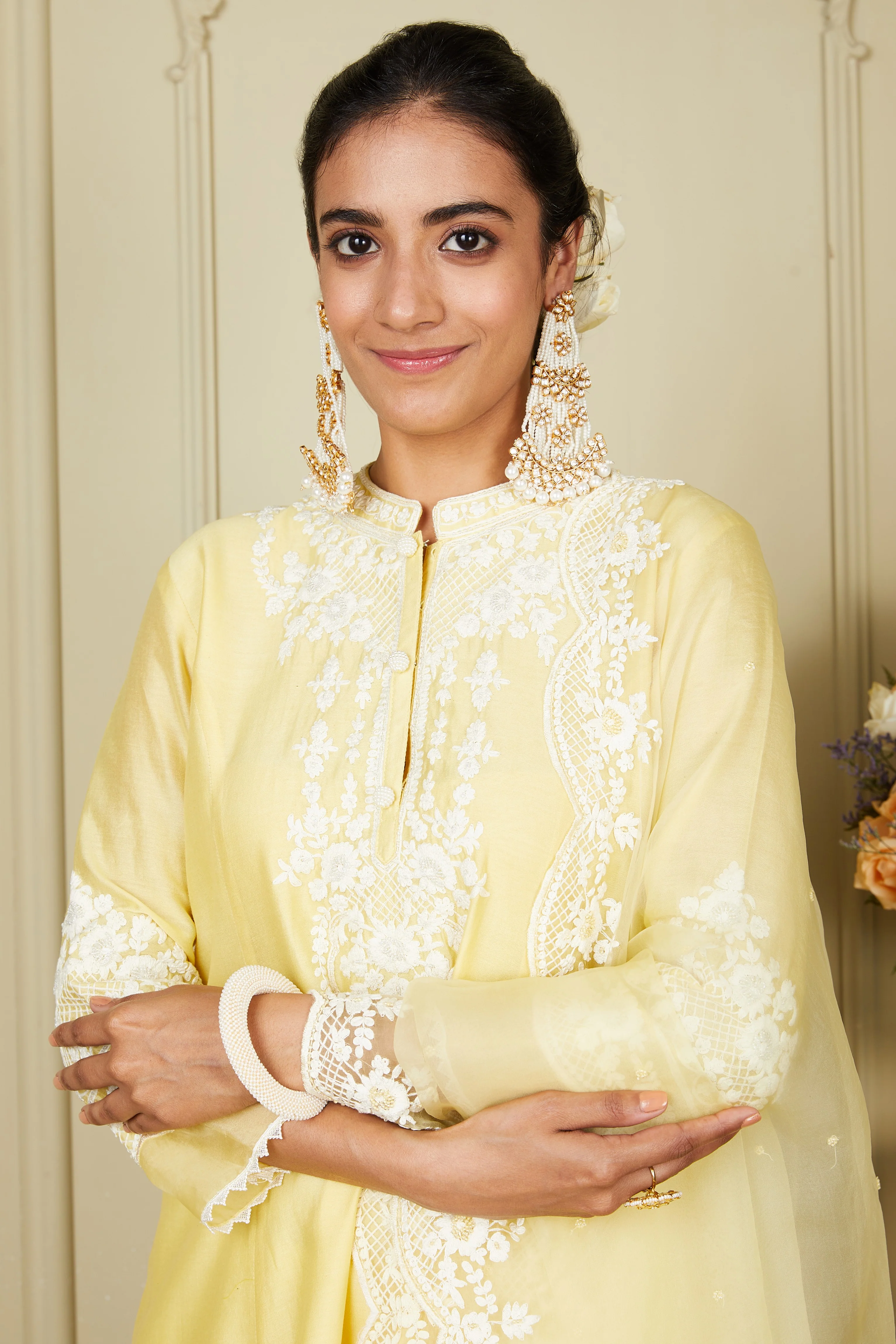 Ruzena - Lemon Yellow Princess-cut short kurta with salwar and dupatta - Image 5