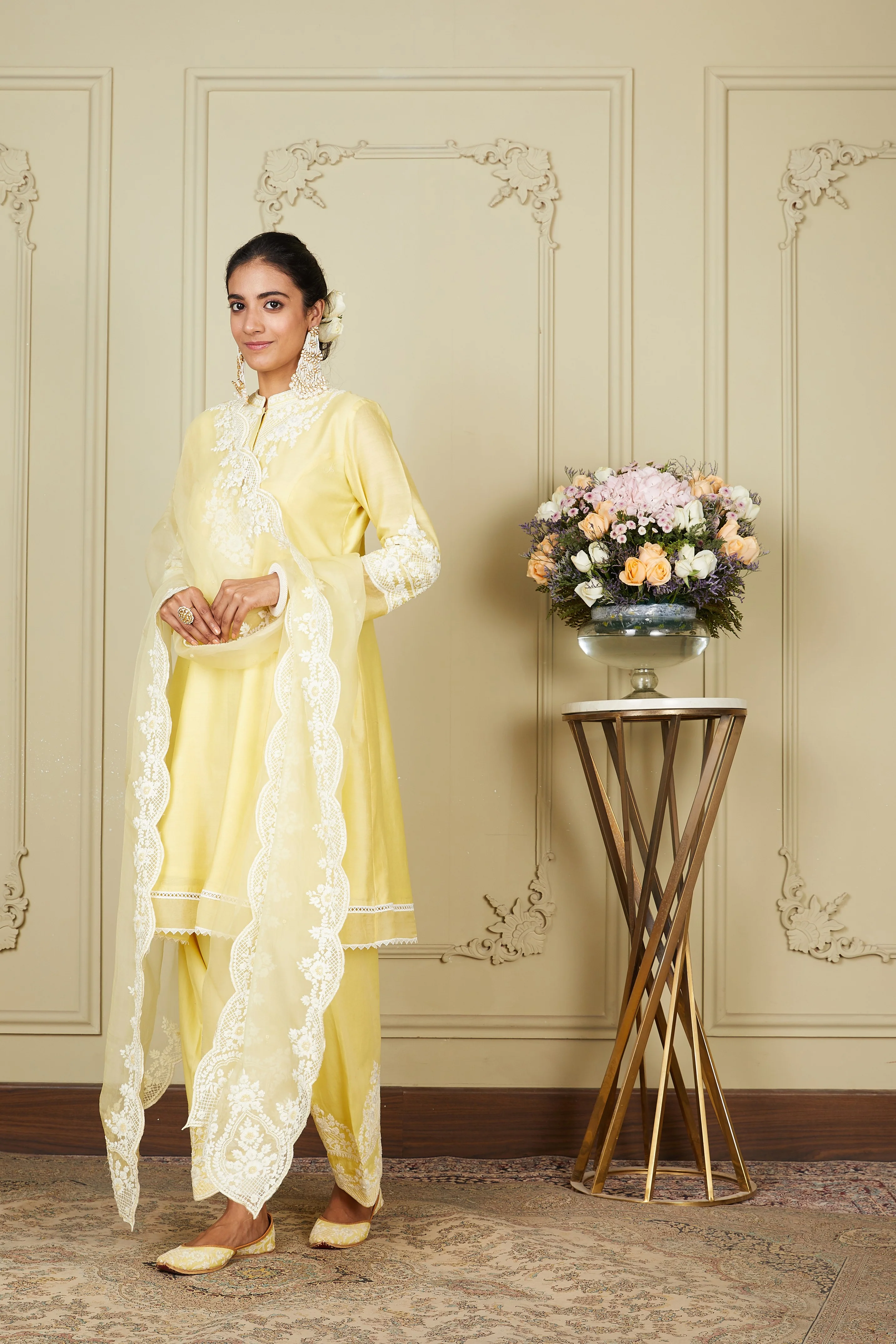 Ruzena - Lemon Yellow Princess-cut short kurta with salwar and dupatta - Image 6