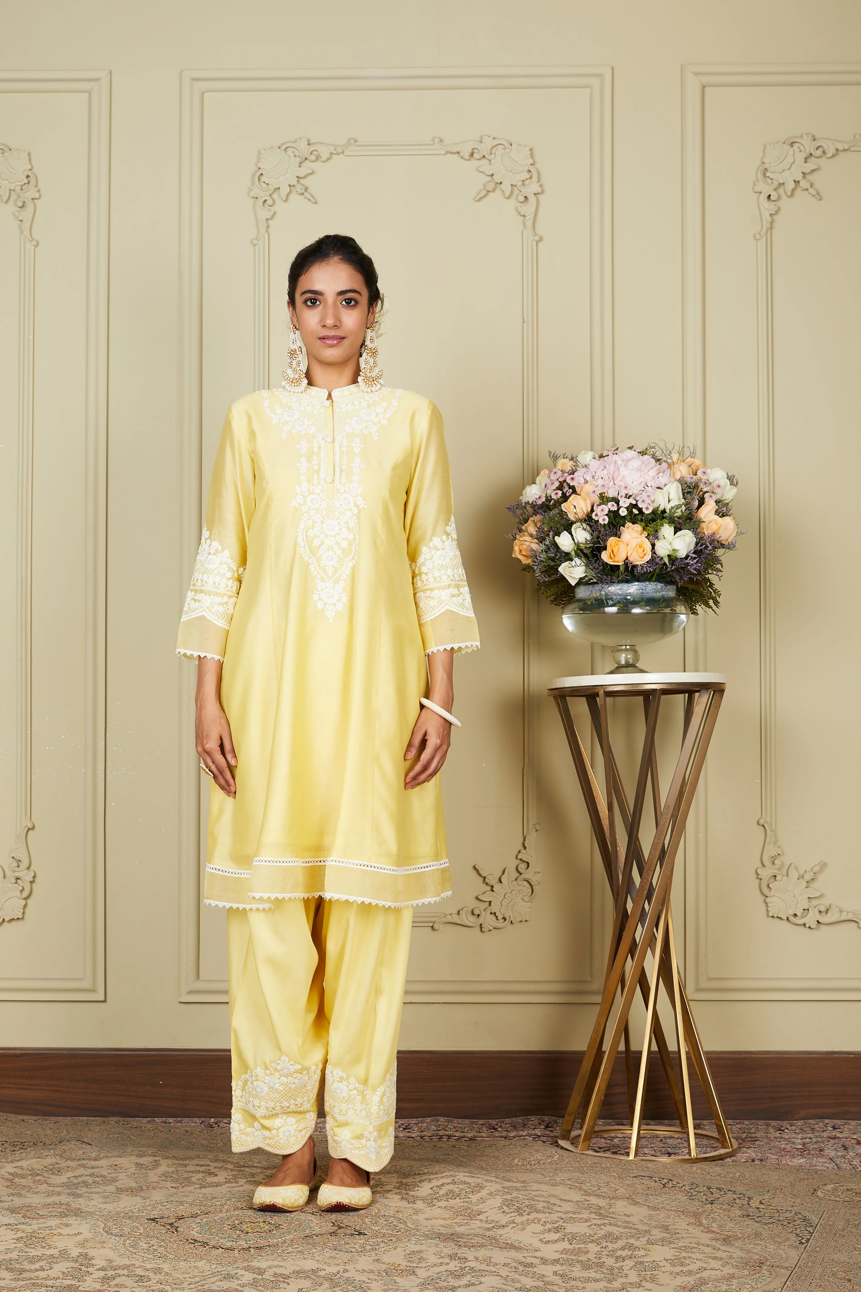 Ruzena - Lemon Yellow Princess-cut short kurta with salwar and dupatta - Image 7