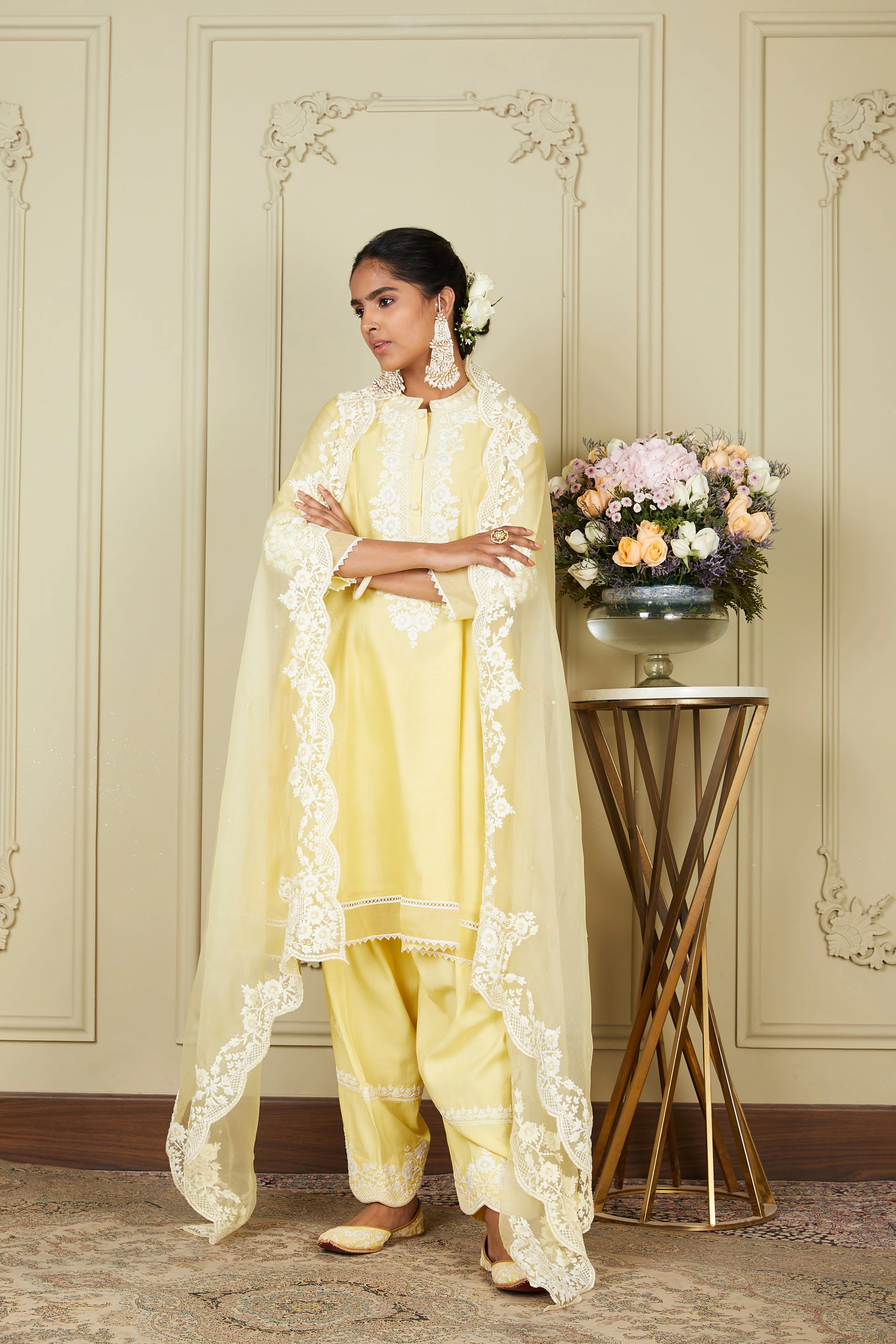 Ryhana - Lemon Yellow Princess-cut short kurta with salwar and dupatta - Image 10