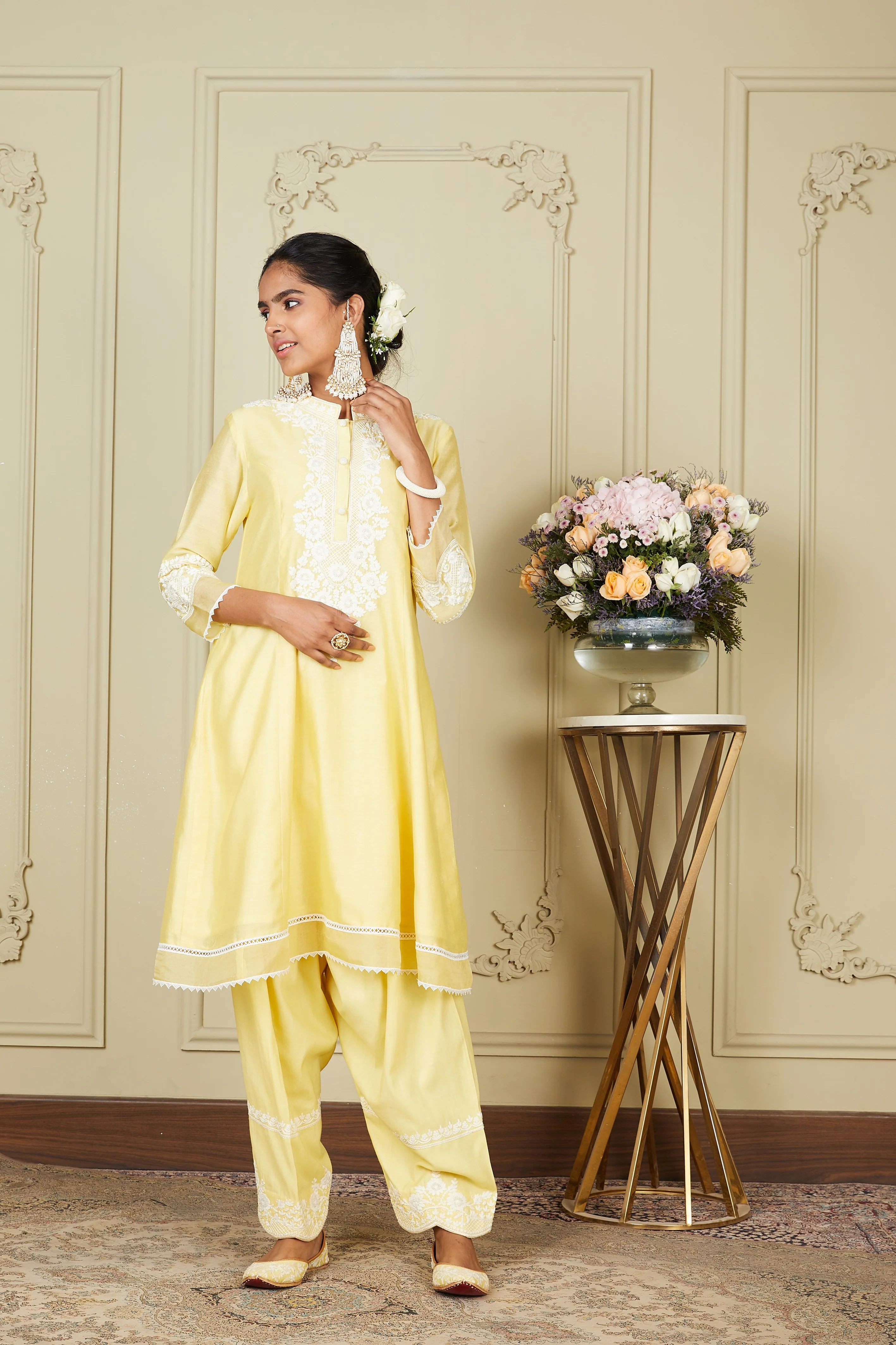 Ryhana - Lemon Yellow Princess-cut short kurta with salwar and dupatta - Image 3