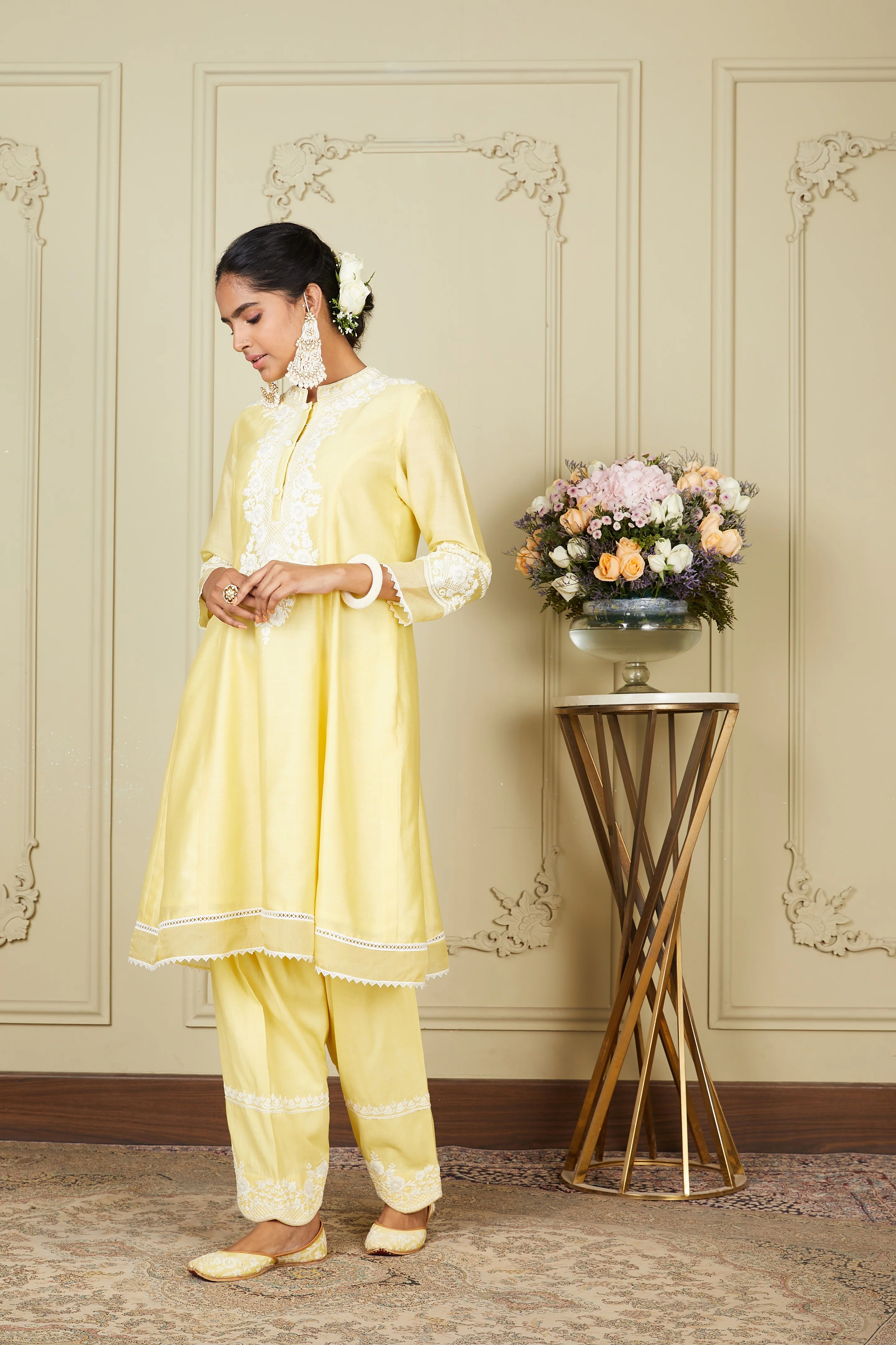 Ryhana - Lemon Yellow Princess-cut short kurta with salwar and dupatta - Image 4