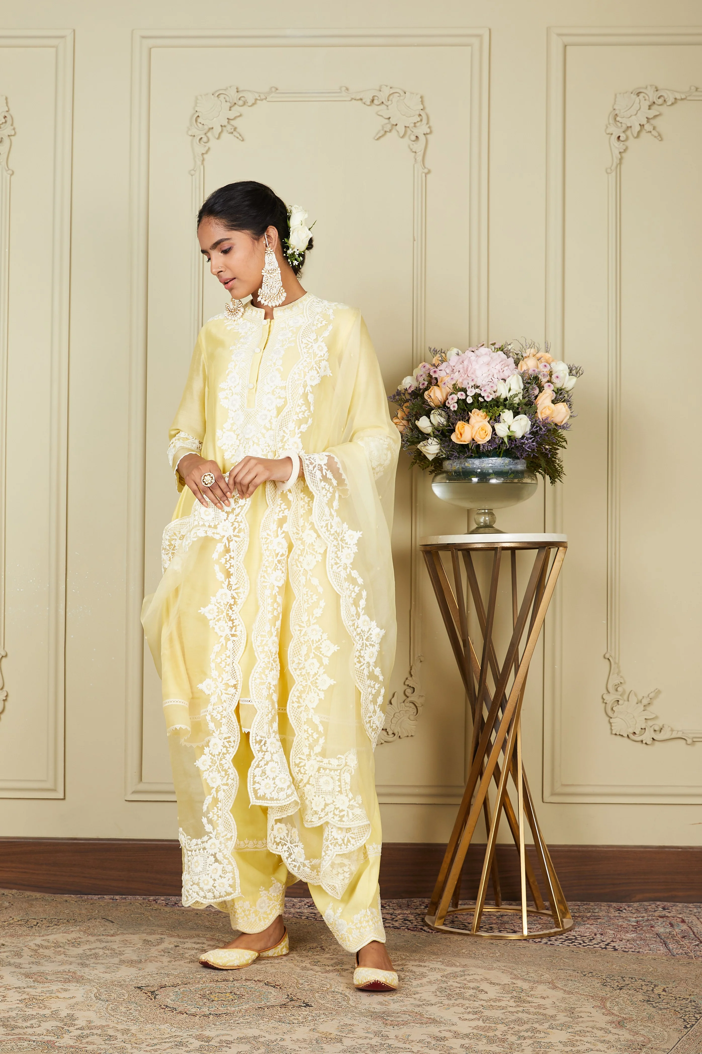 Ryhana - Lemon Yellow Princess-cut short kurta with salwar and dupatta - Image 6