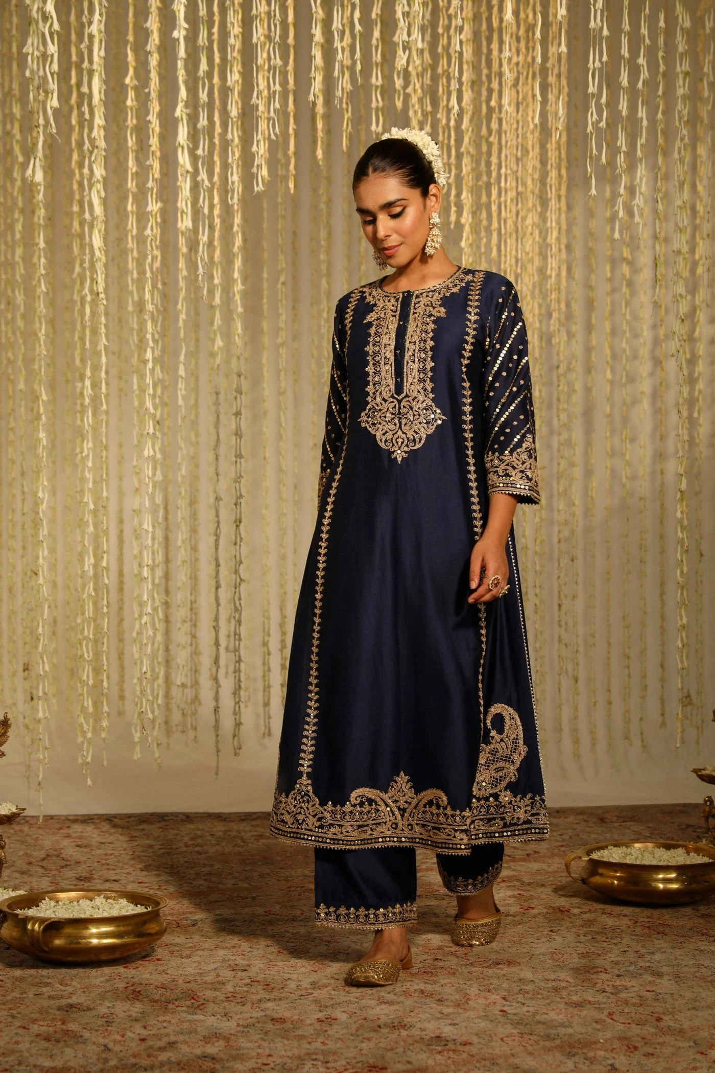 SABIRAH - DEEP BLUE LONG KURTA WITH PALAZZO AND DUPATTA (LXRTS) - Image 2