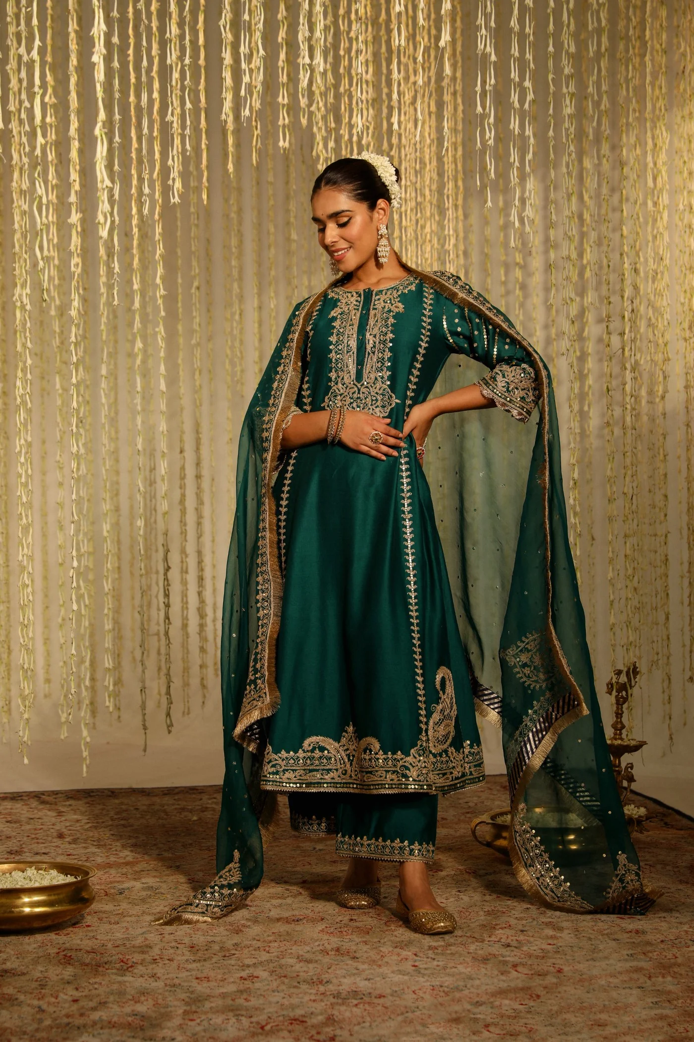 Kashish Dadhwal In SABIRAH - EMERALD GREEN LONG KURTA WITH PALAZZO AND DUPATTA - Image 3
