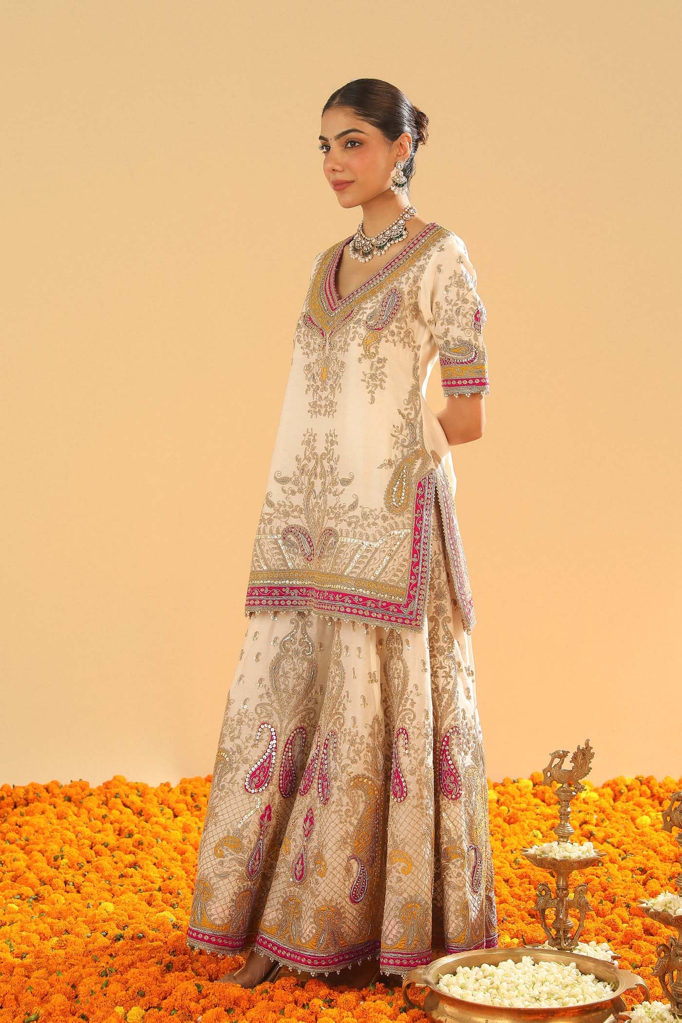 Sadiya - Daisy Ivory Short Kurta with Sharara - Image 5