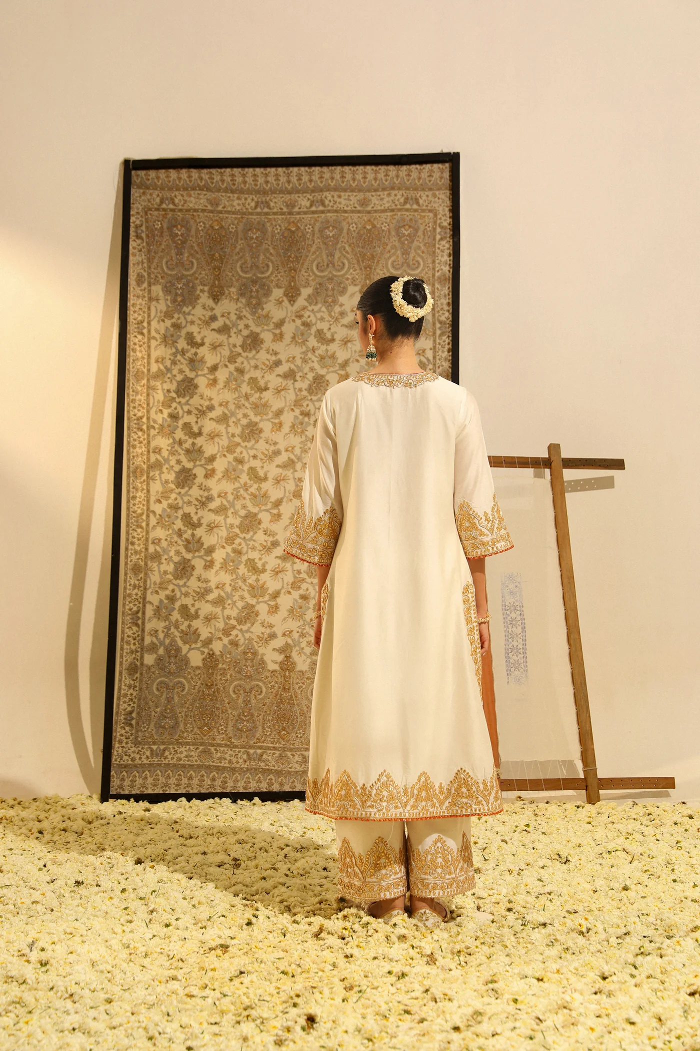 Sahana - Daisy Ivory Hand Embroidered Long kurta with palazzo and dupatta - Image 7