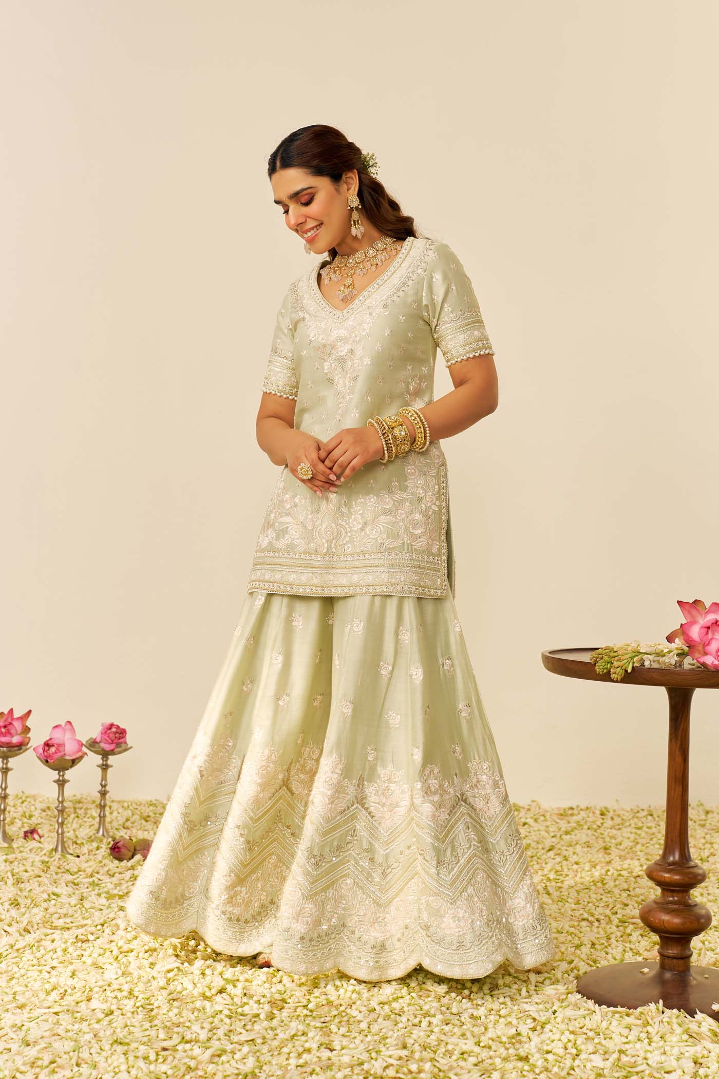 SAMEEHA - Mint Green SHORT KURTA WITH SHARARA (LXRTS) - Image 3