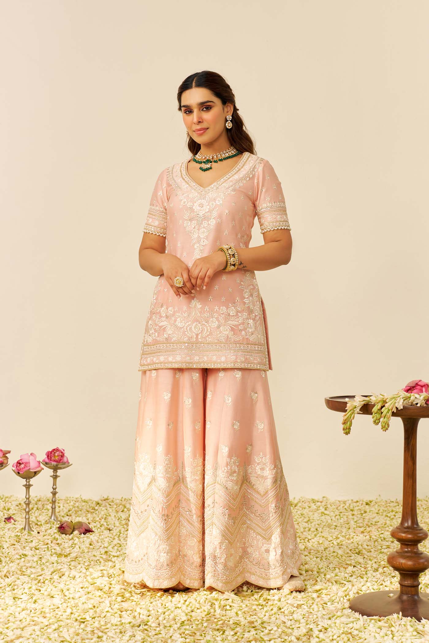 SAMEEHA - Off Rose SHORT KURTA WITH SHARARA - Image 4